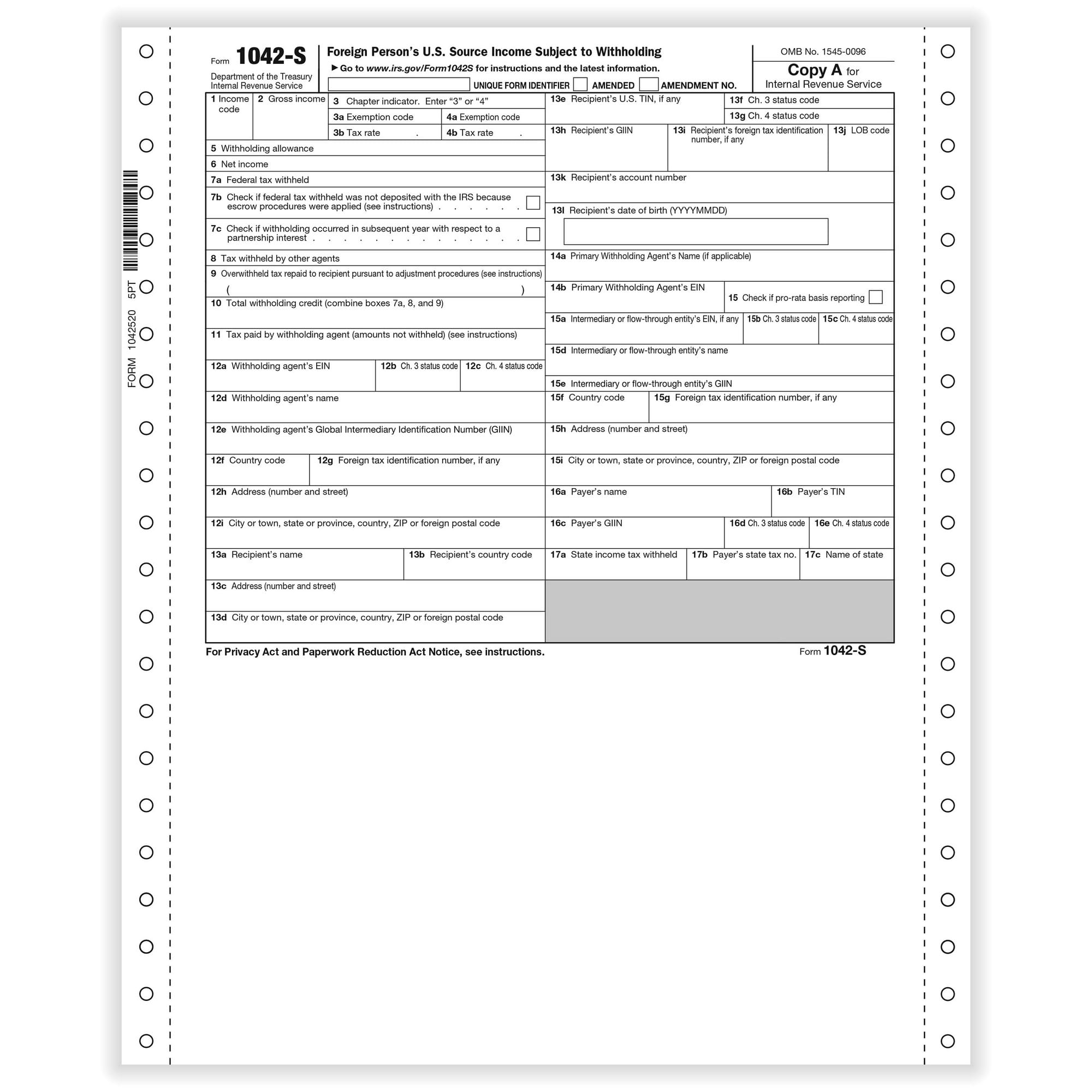 1042S Foreign Person's U.S. Source Withholding 5-part 1-wide Carbonless ...