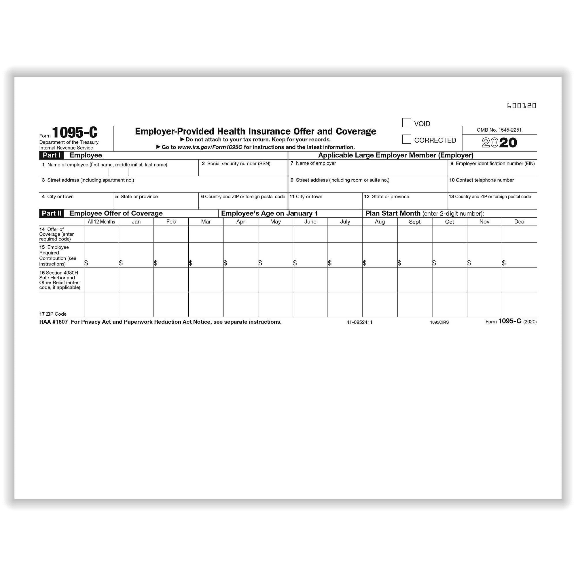 1095 C Irs Employer Provided Health Insurance Offer And Coverage Form Landscape Version 300 Sheets Pack