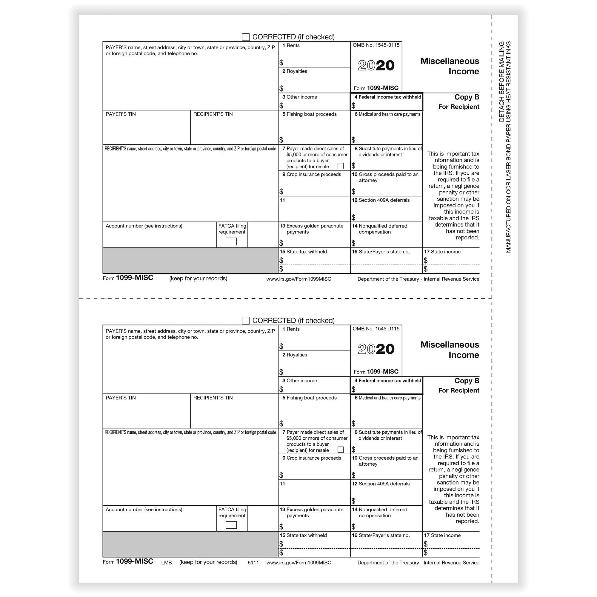 1099 Misc Miscellaneous Rec Copy B Cut Sheet 400 Forms Pack