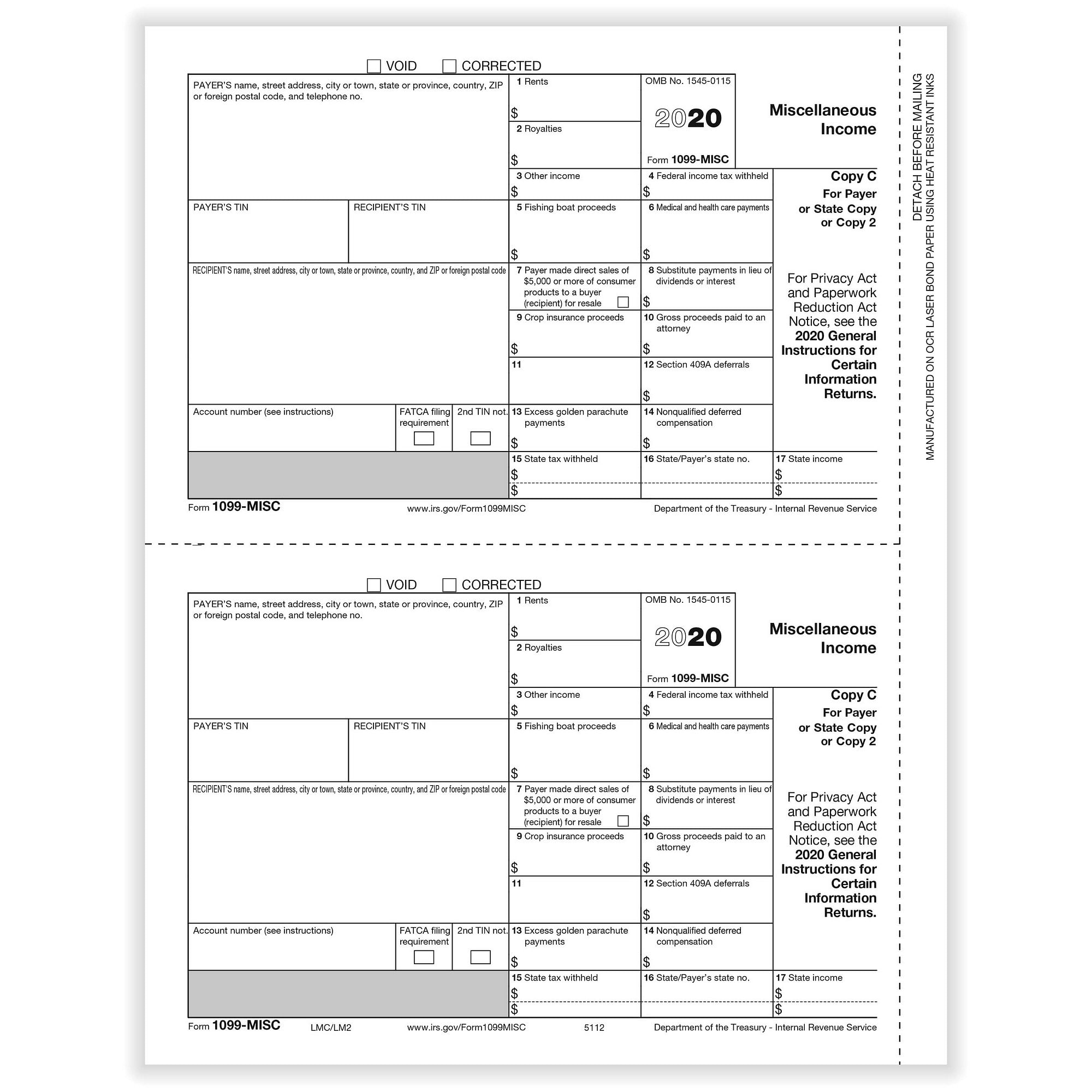 1099 Misc Miscellaneous Payer State Copy C Cut Sheet 400 Forms Pack