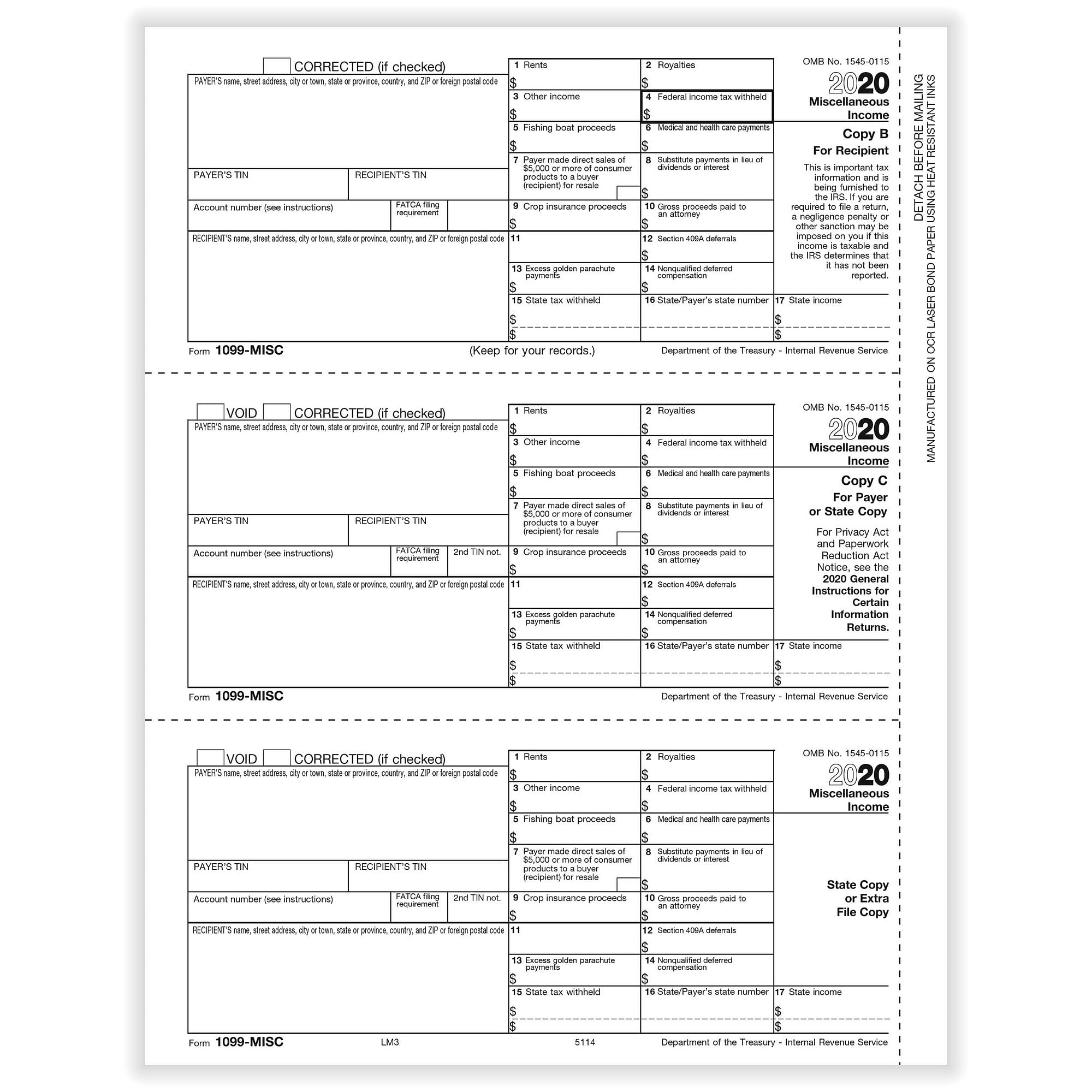 1099 Misc Miscellaneous Rec Copy B Payer State Copy C State Extra File Copy 500 Forms Ctn