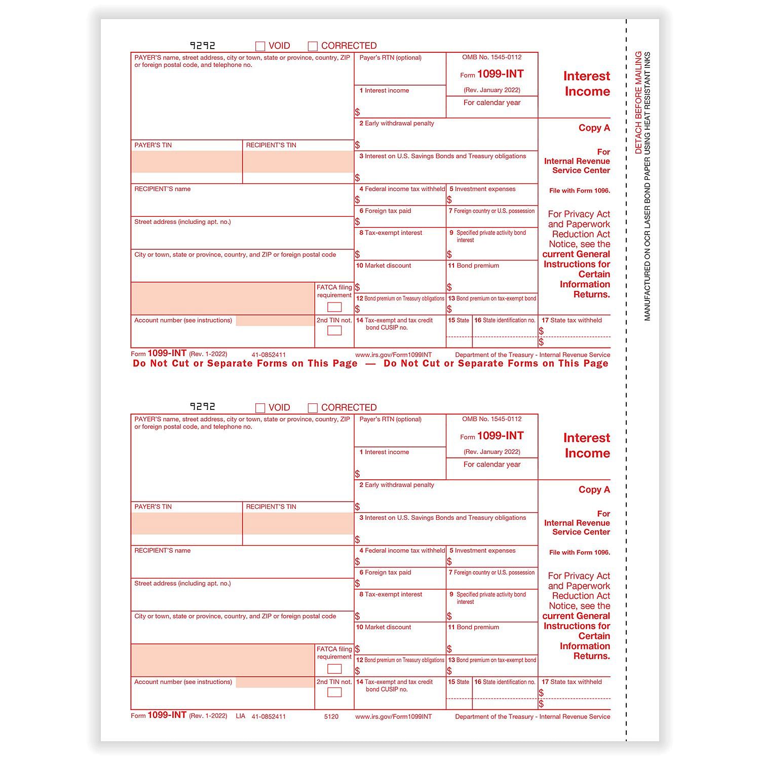 Federal Copy A 2019 Laser 1099 Interest Tax Forms 100/Pk 