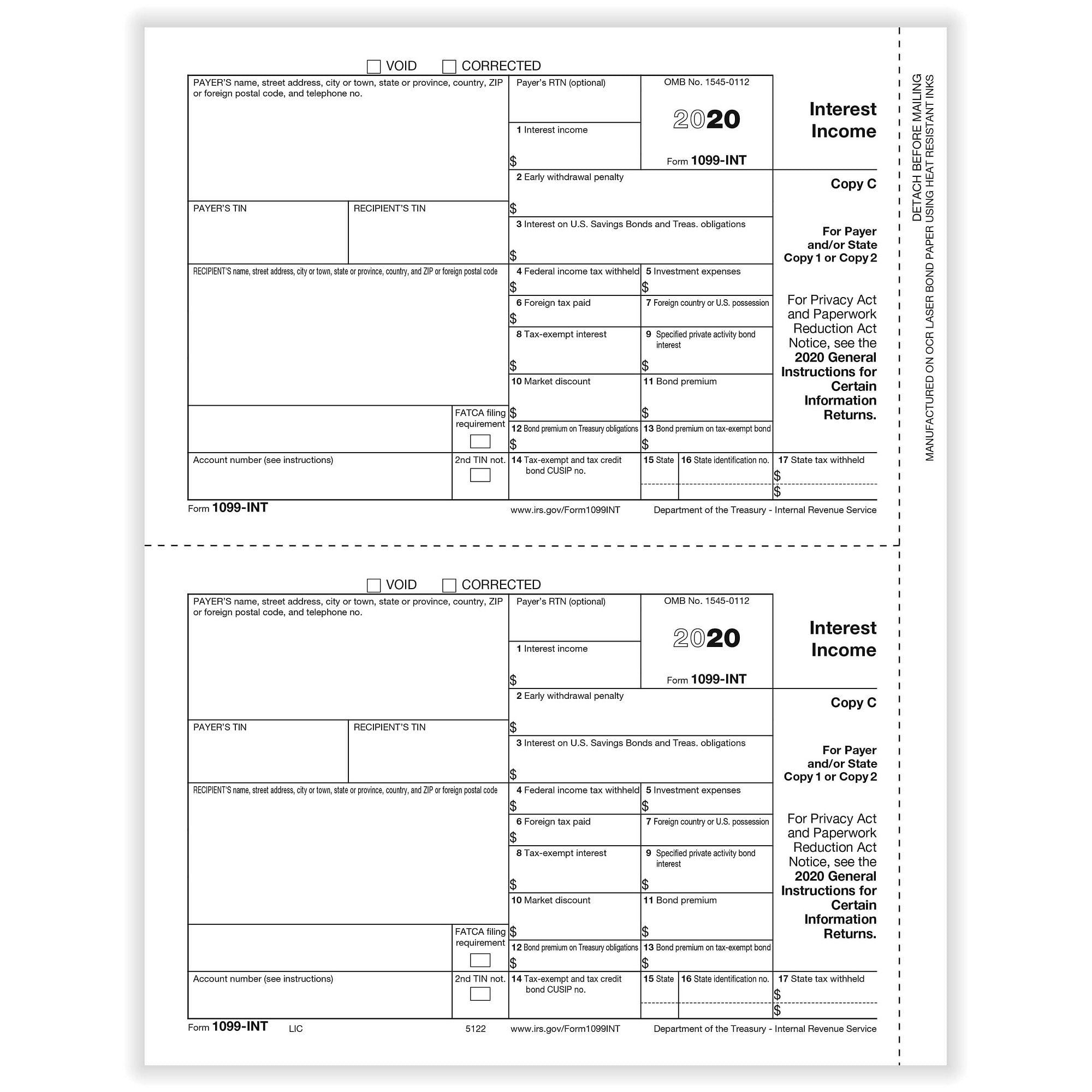 1099 Int Interest Payer Or State Copy C Cut Sheet 400 Forms Pack