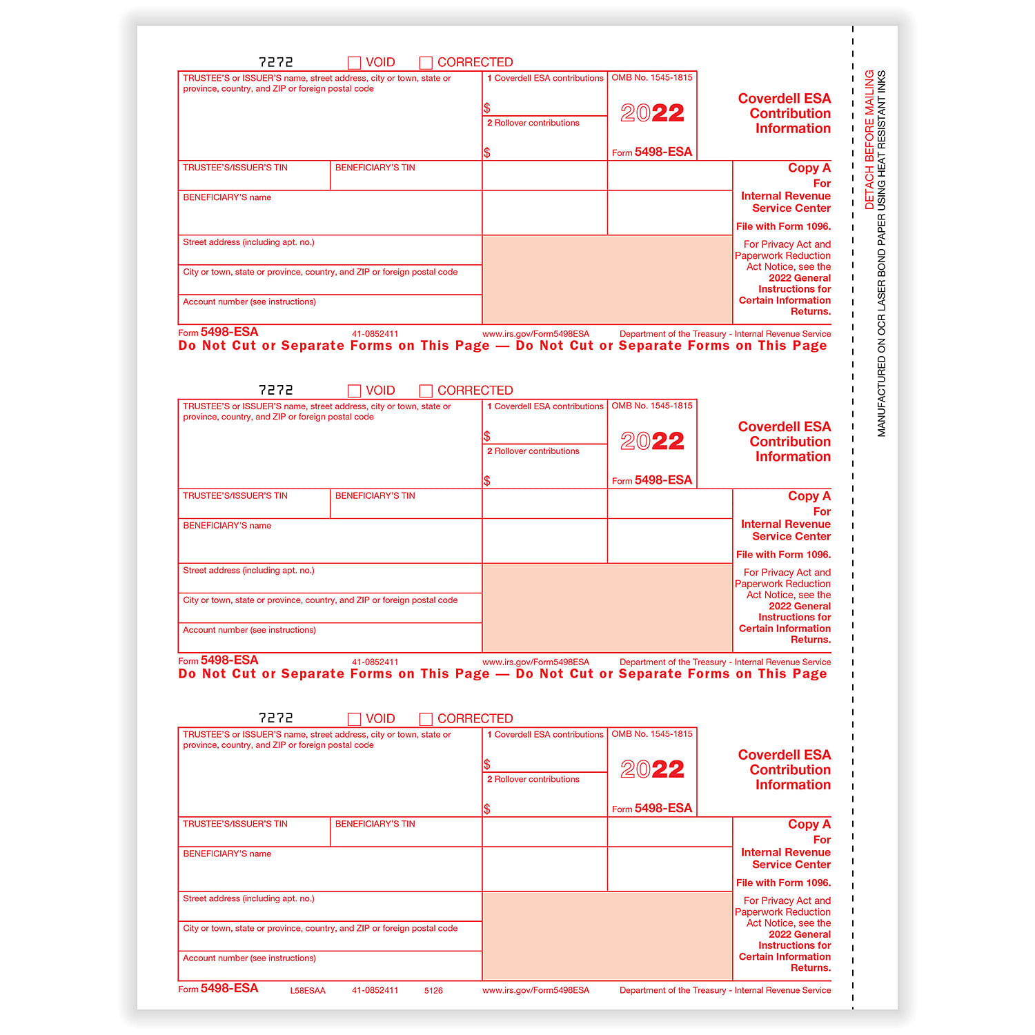 5498-ESA Coverdell ESA Contributions Fed Copy A Cut Sheet (100 Sheets/Pack)