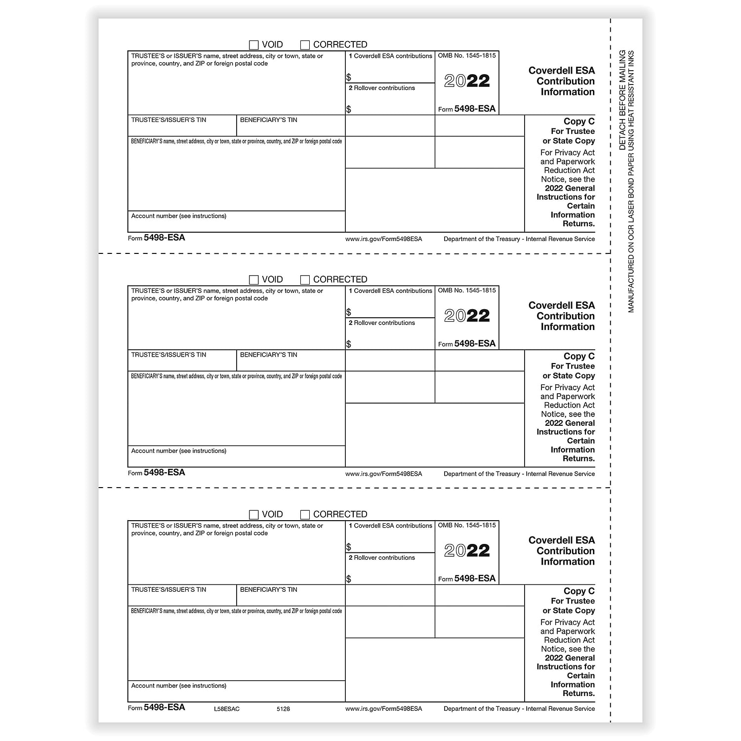 5498 ESA Coverdell ESA Contributions Trustee Copy C Cut Sheet 100   5128 