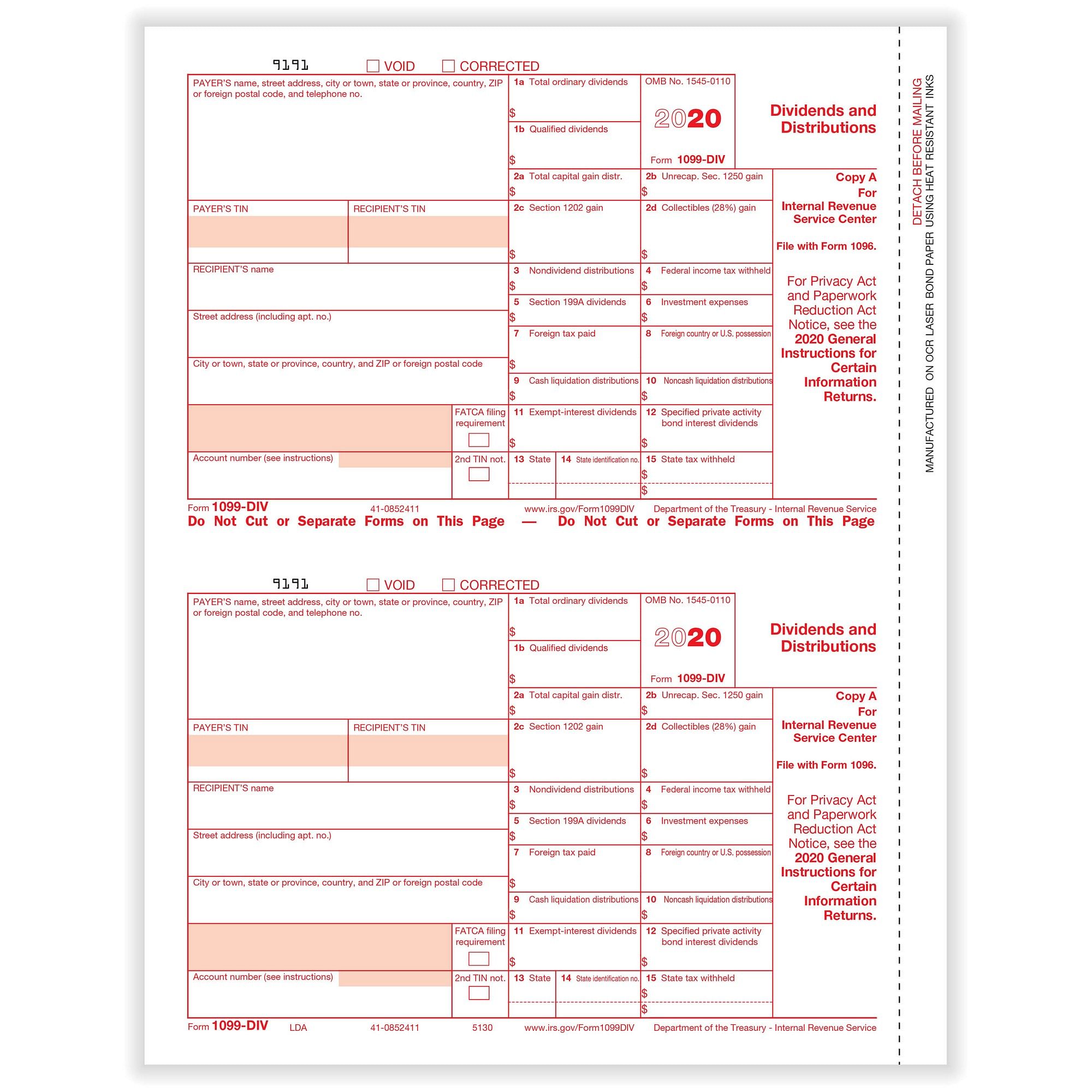 1099-DIV Dividend Fed Copy A Cut Sheet (400 Forms/Pack)