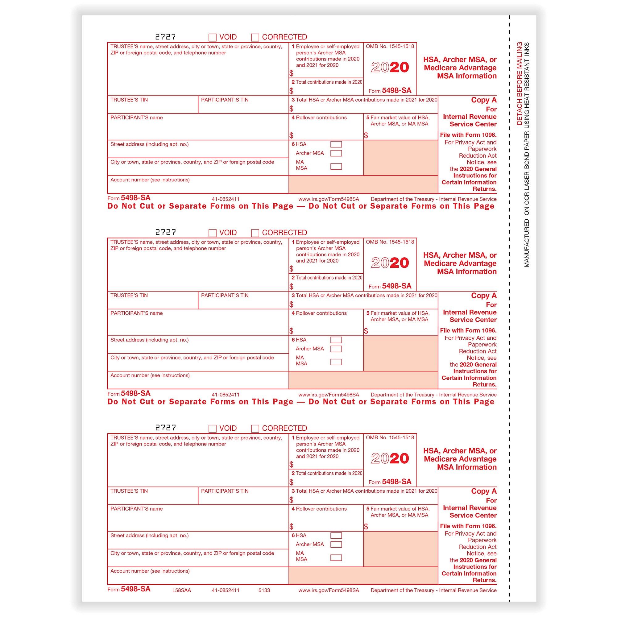 5498-SA HSA, Archer MSA or Medicare Advantage Fed Copy A Cut Sheet (500 ...