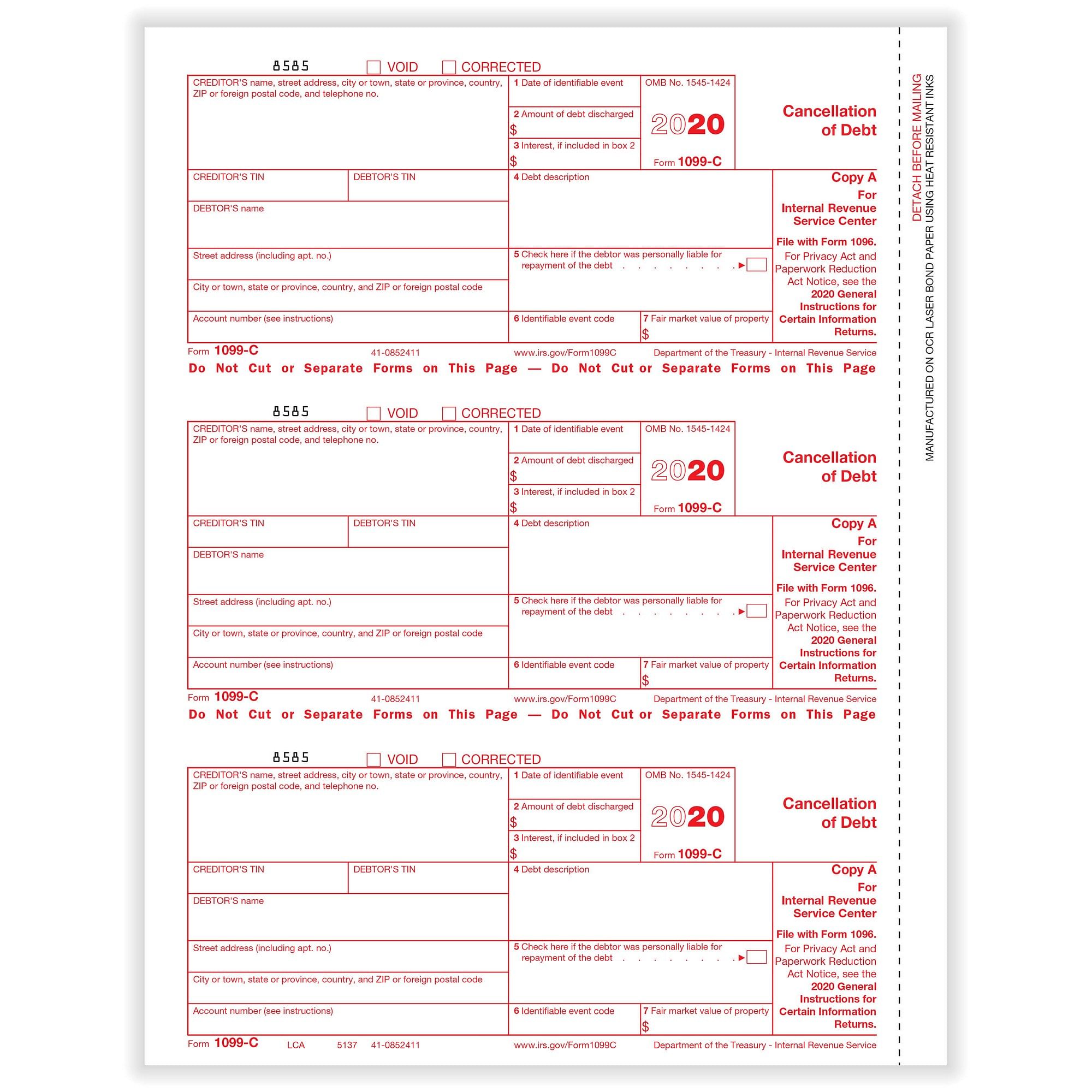 1099 C Cancellation Of Debt Fed Copy A Cut Sheet 500 Forms Pack