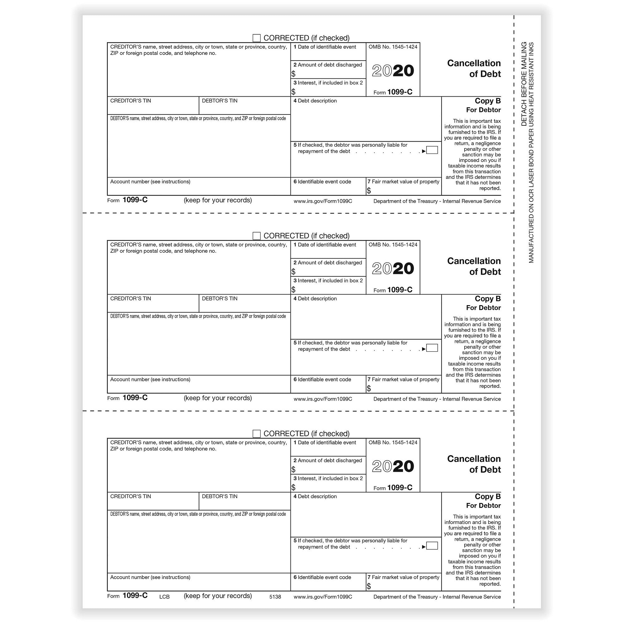 1099 C Cancellation Of Debt Debtor Copy B Cut Sheet 500 Forms Pack