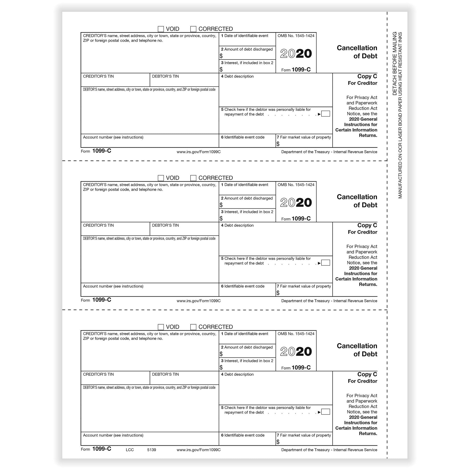 1099 C Cancellation Of Debt Creditor Or State Copy C Cut Sheet 500 Forms Pack