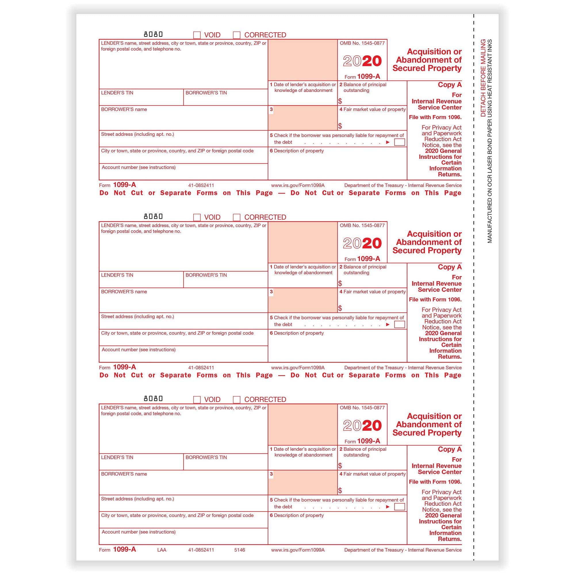 1099 A Acquisition Fed Copy A Cut Sheet 500 Forms Pack