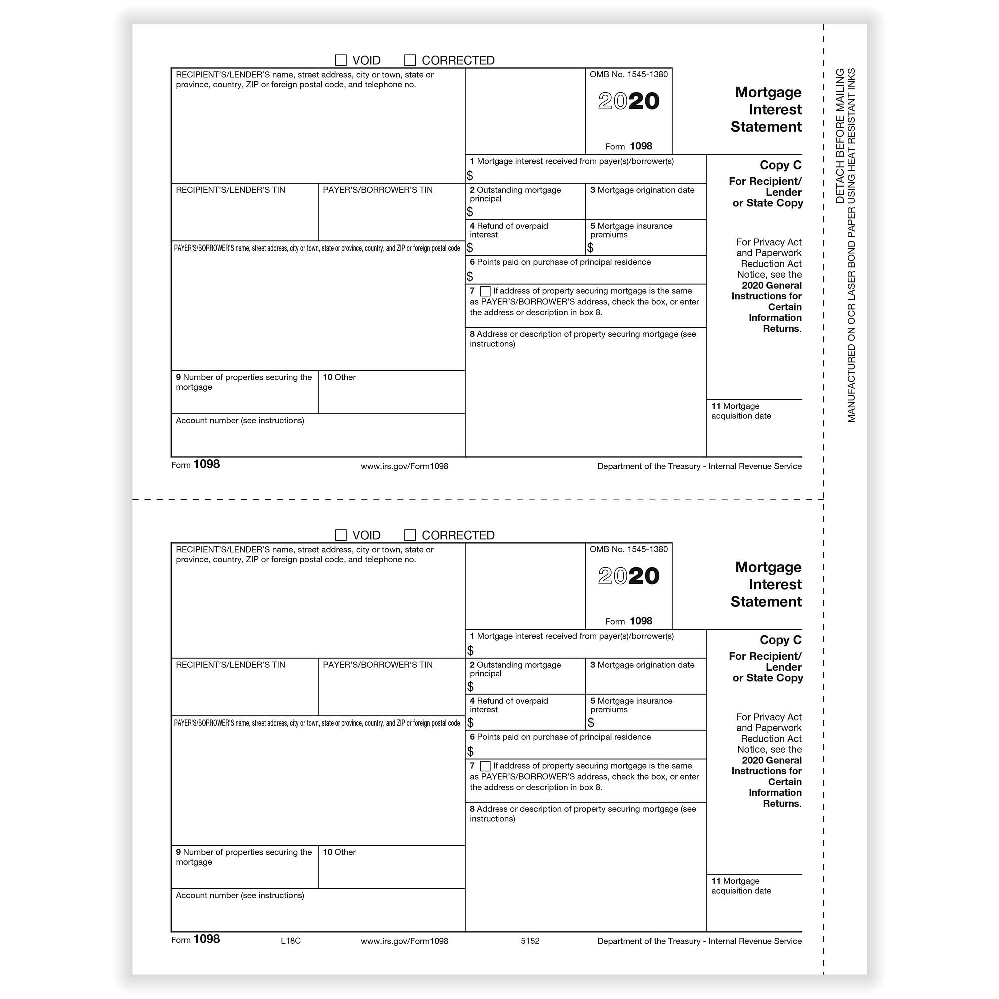 1098-Mortgage Interest Rec/Lender or State Copy C Cut Sheet (1,500 ...