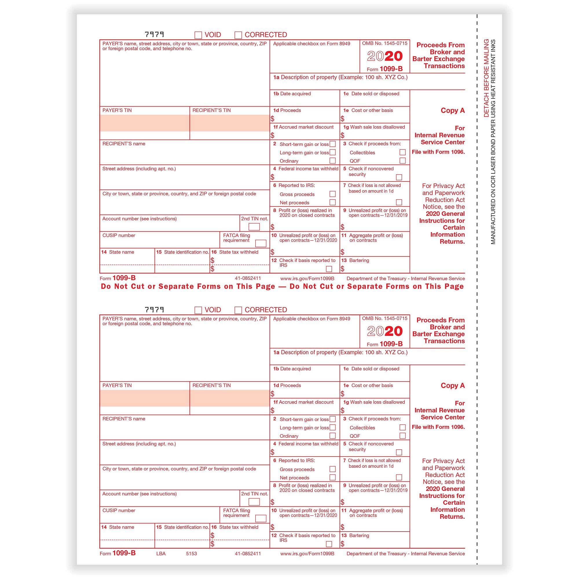 1099 B Broker Fed Copy A Cut Sheet 400 Forms Pack