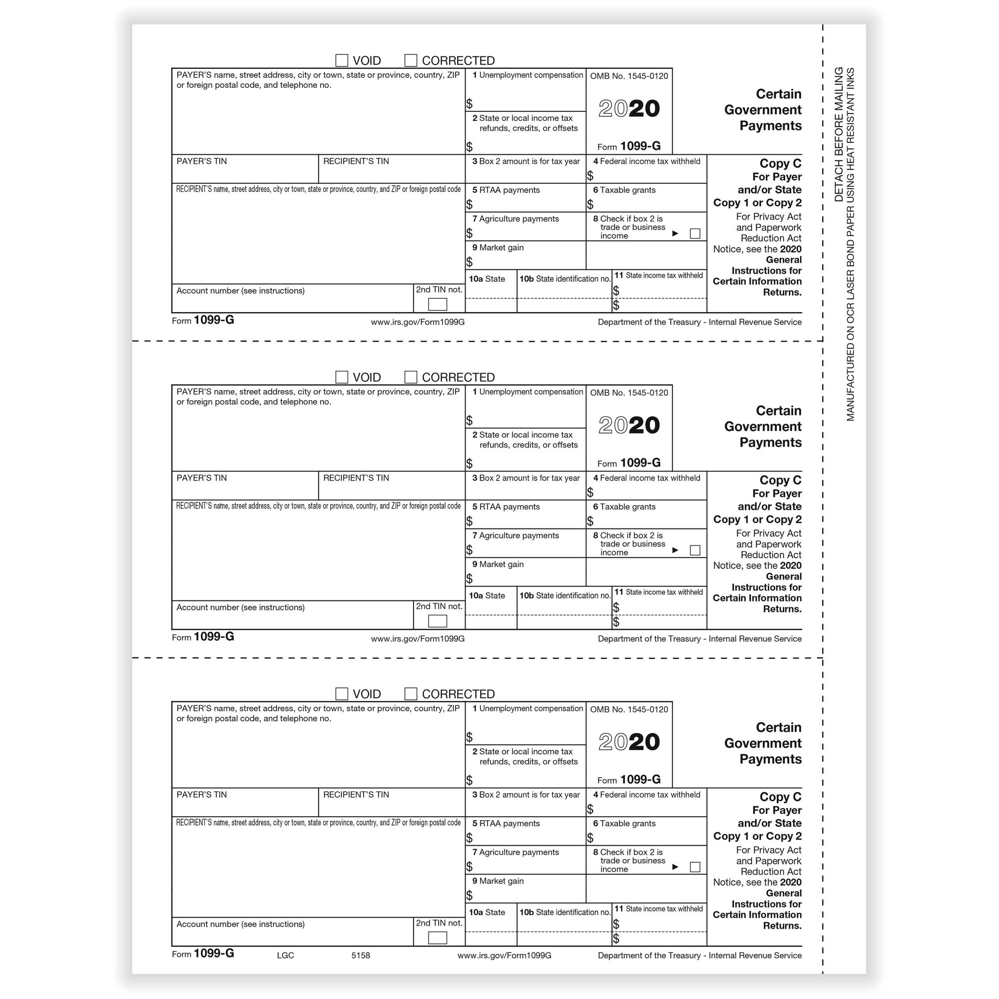 1099 G Certain Government Payer Or State Copy C Cut Sheet 500 Forms Pack 1099 G Certain Government Payer Or State Copy C Cut Sheet 500 Forms Pack