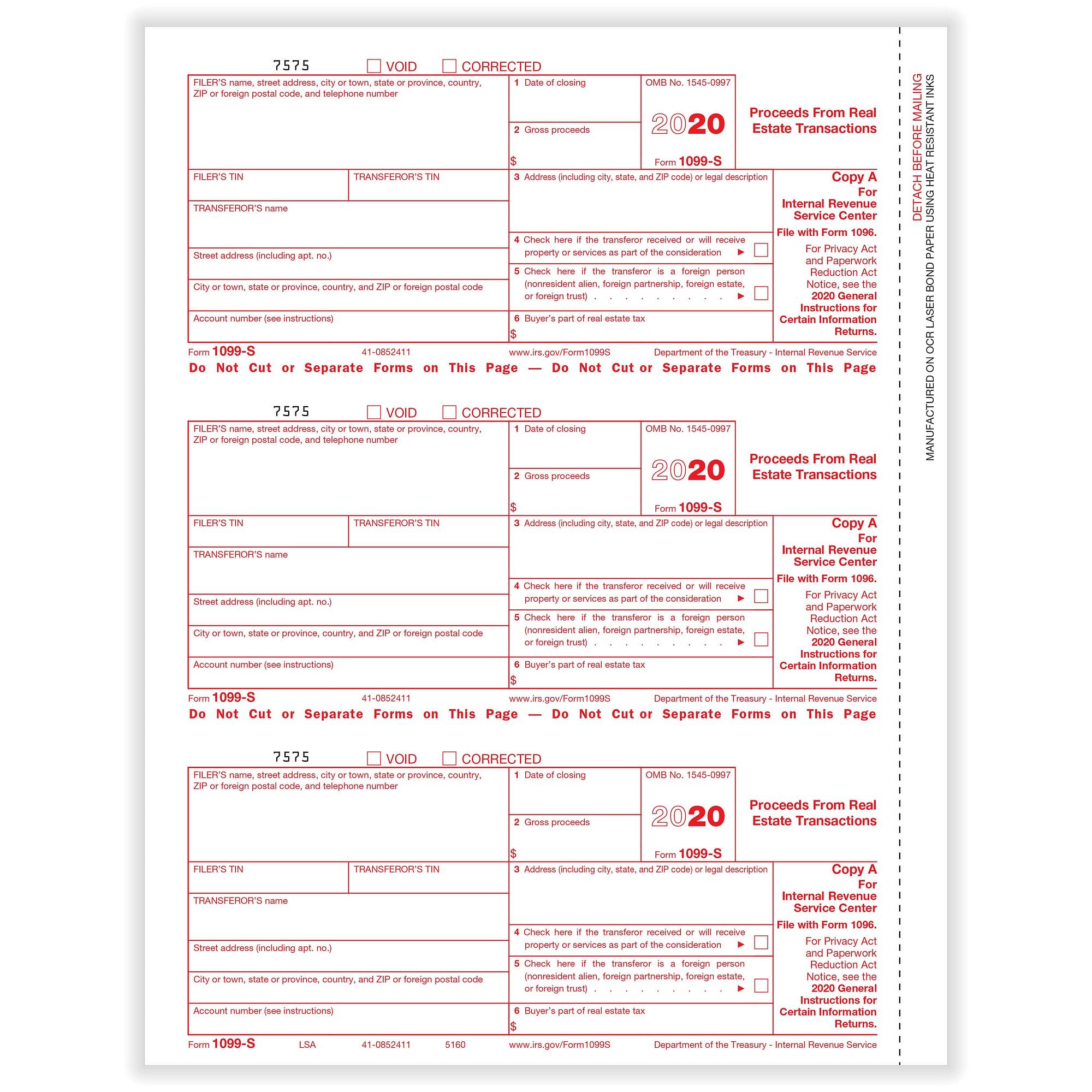 1099 S Proceeds From Real Estate Transactions Fed Copy A Cut Sheet 500 Forms Pack