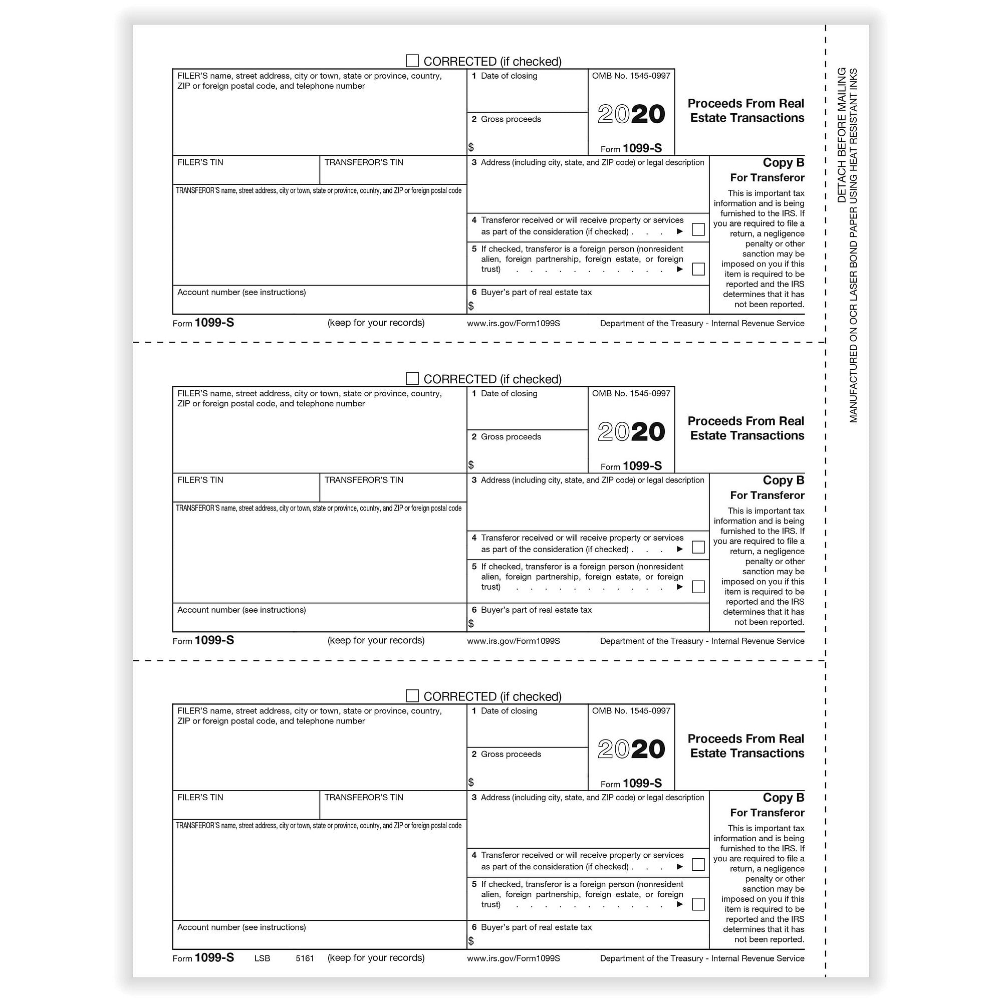 1099 S Proceeds From Real Estate Transactions Transferor Copy B Cut Sheet 500 Forms Pack