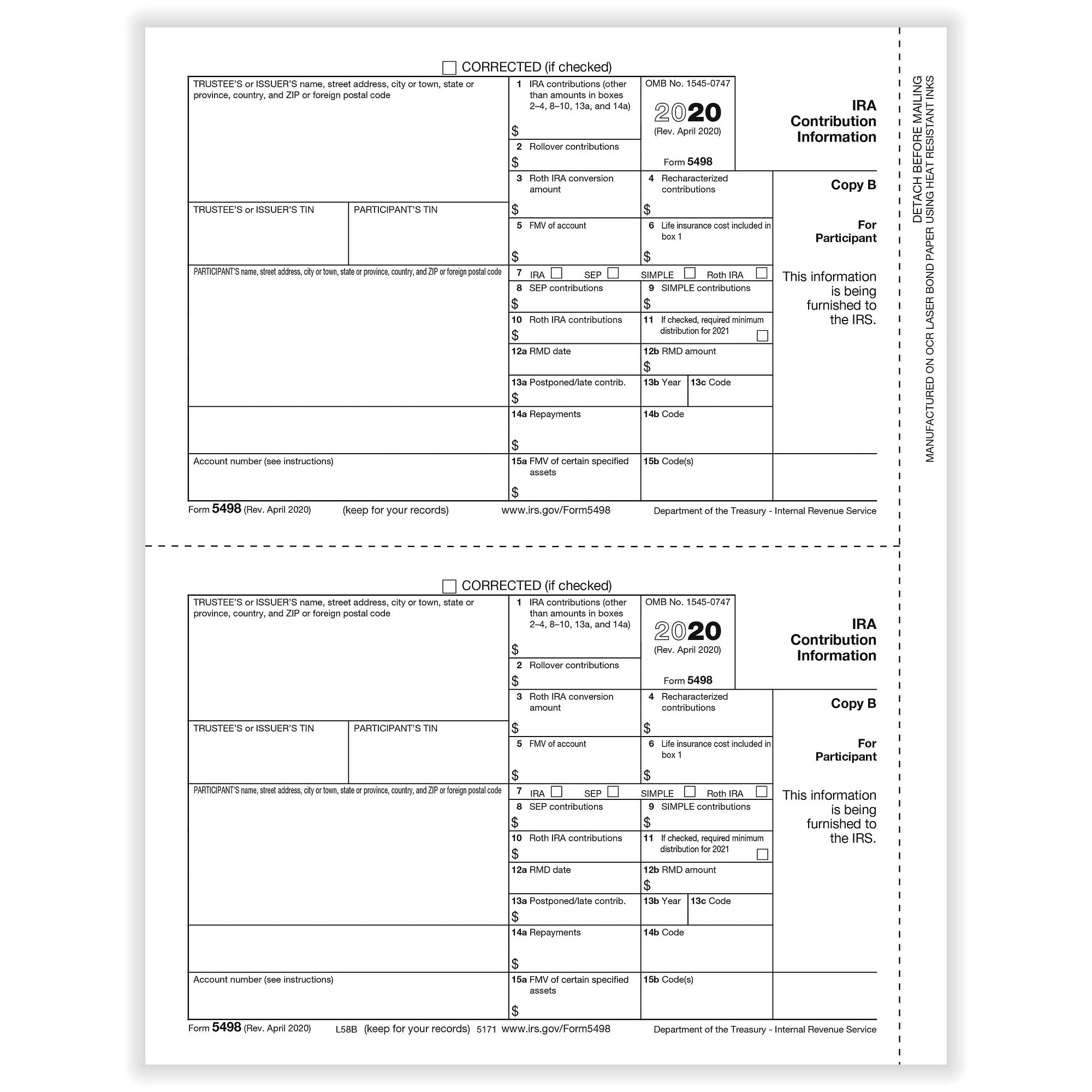 5498-IRA Contribution Rec Copy B Cut Sheet (1,000 Forms/Ctn)