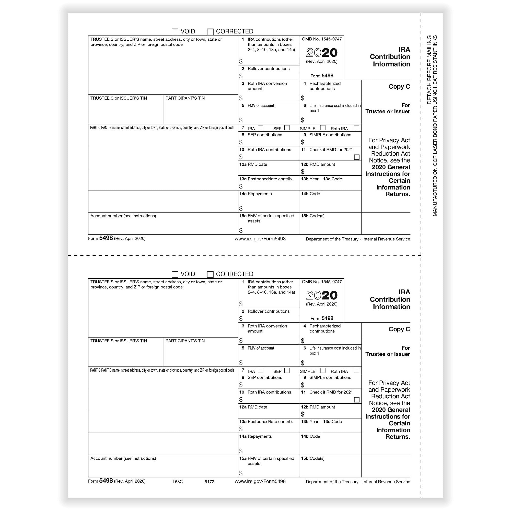 5498-IRA Contribution State/Trustee or Issuer Copy C Cut Sheet (1,000 ...