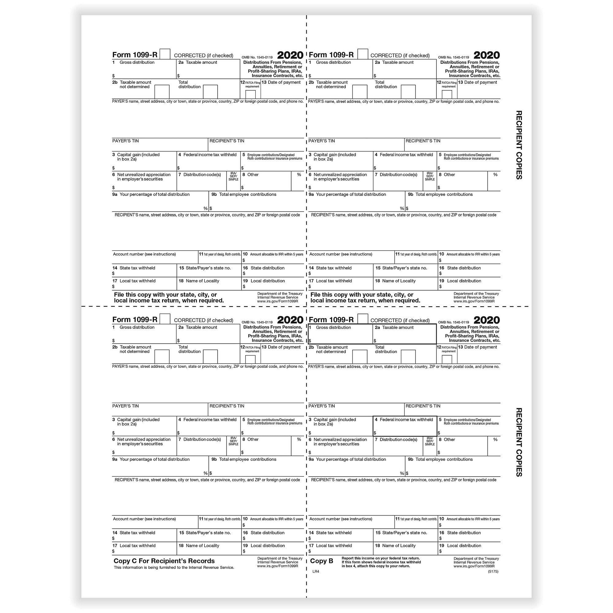 1099 R Retirement Recipients Copy B C And 2 File Copies 4 Up Box Format Cut Sheet 500 Forms Ctn