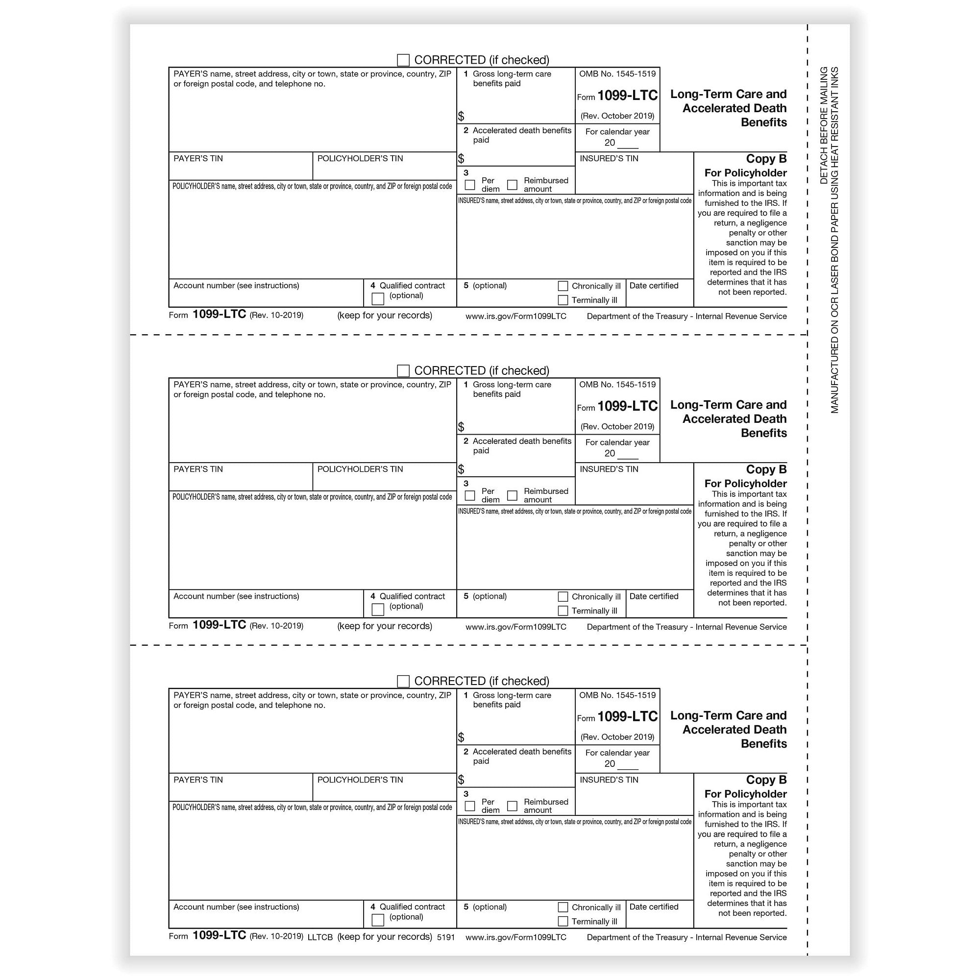 1099 Ltc Long Term Care Policy Holder Copy B Cut Sheet 500 Forms Pack