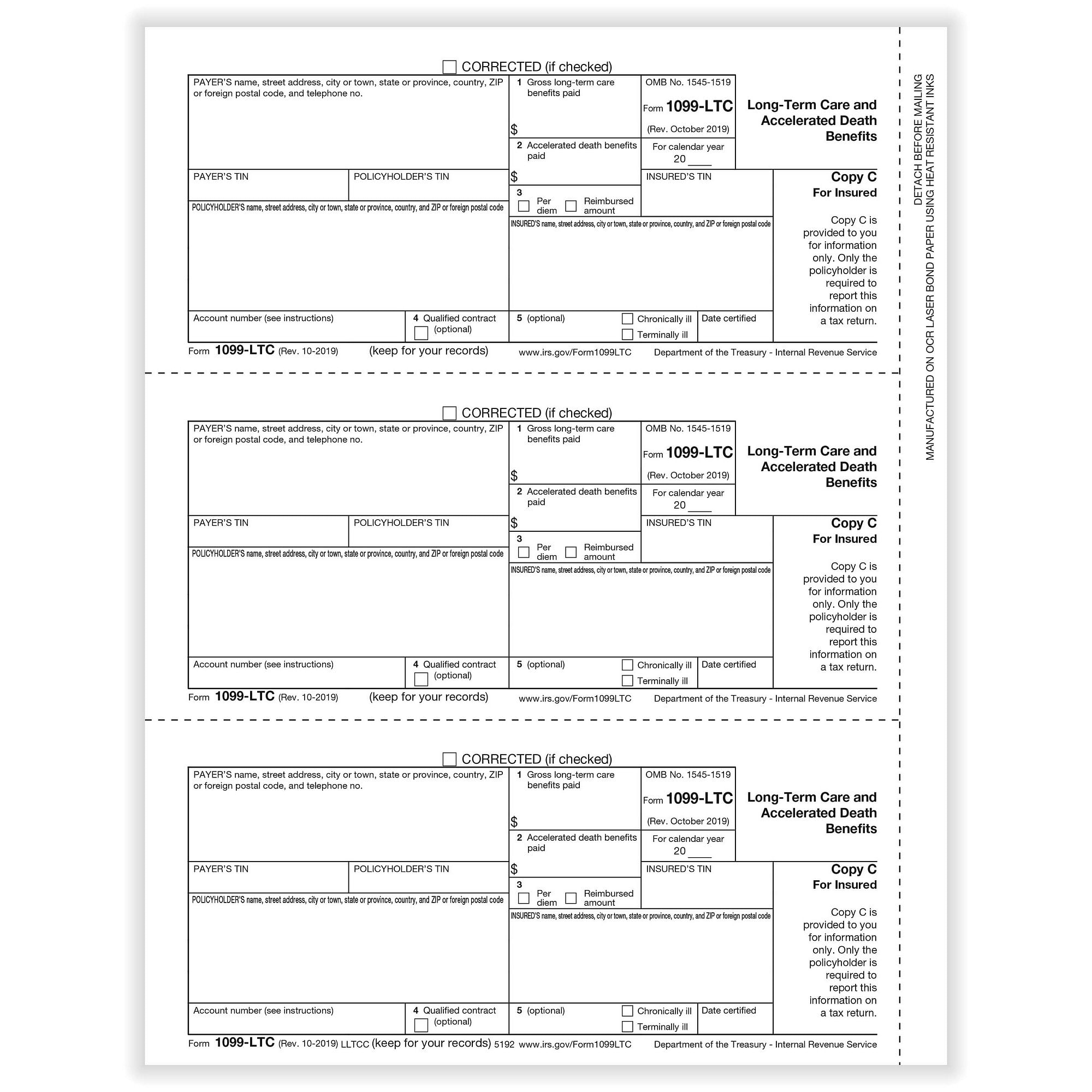 1099-LTC Long Term Care Insured Copy C Cut Sheet (500 Forms/Pack)