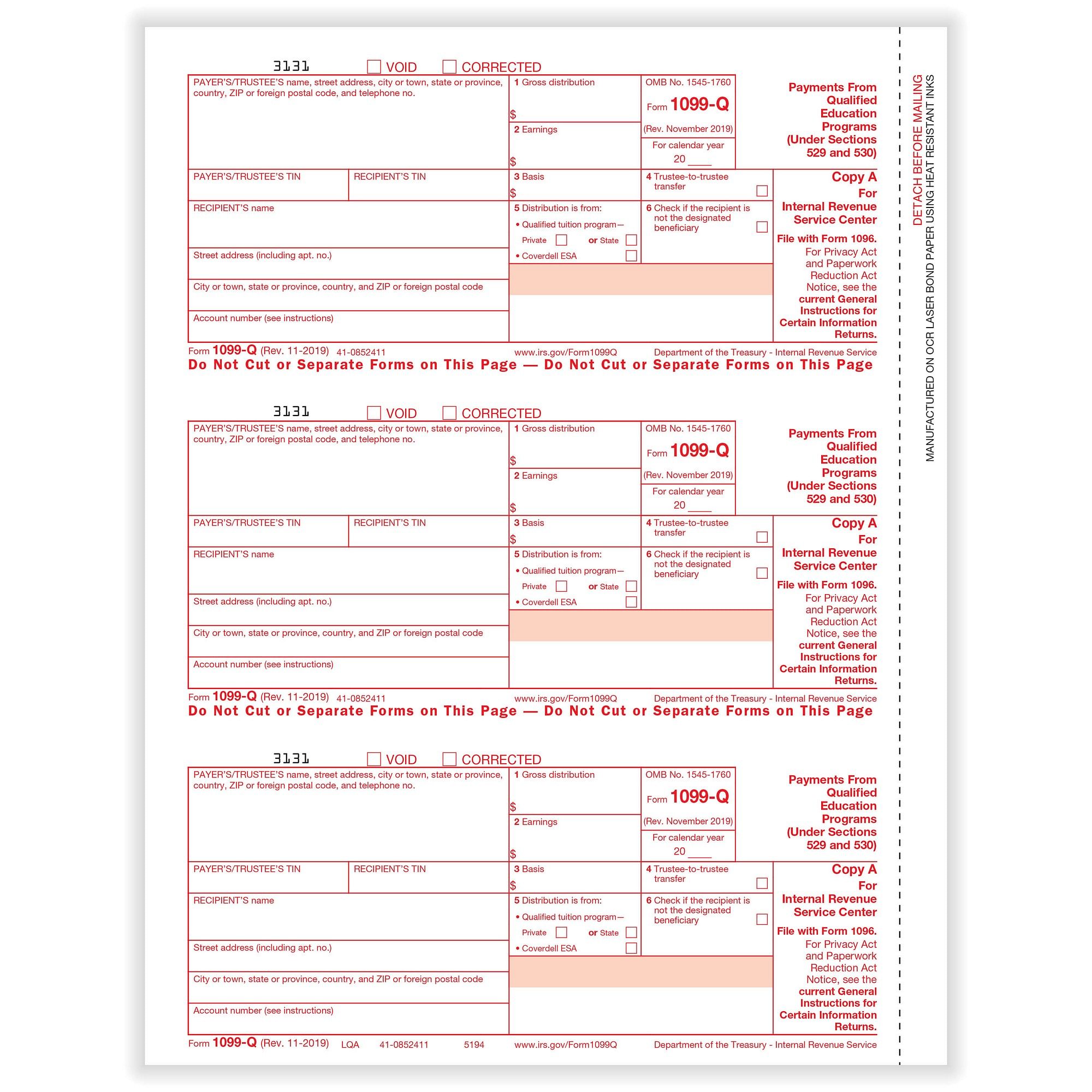 1099-Q Qualified Tuition Payments Fed Copy A Cut Sheet (500 Forms/Pack)