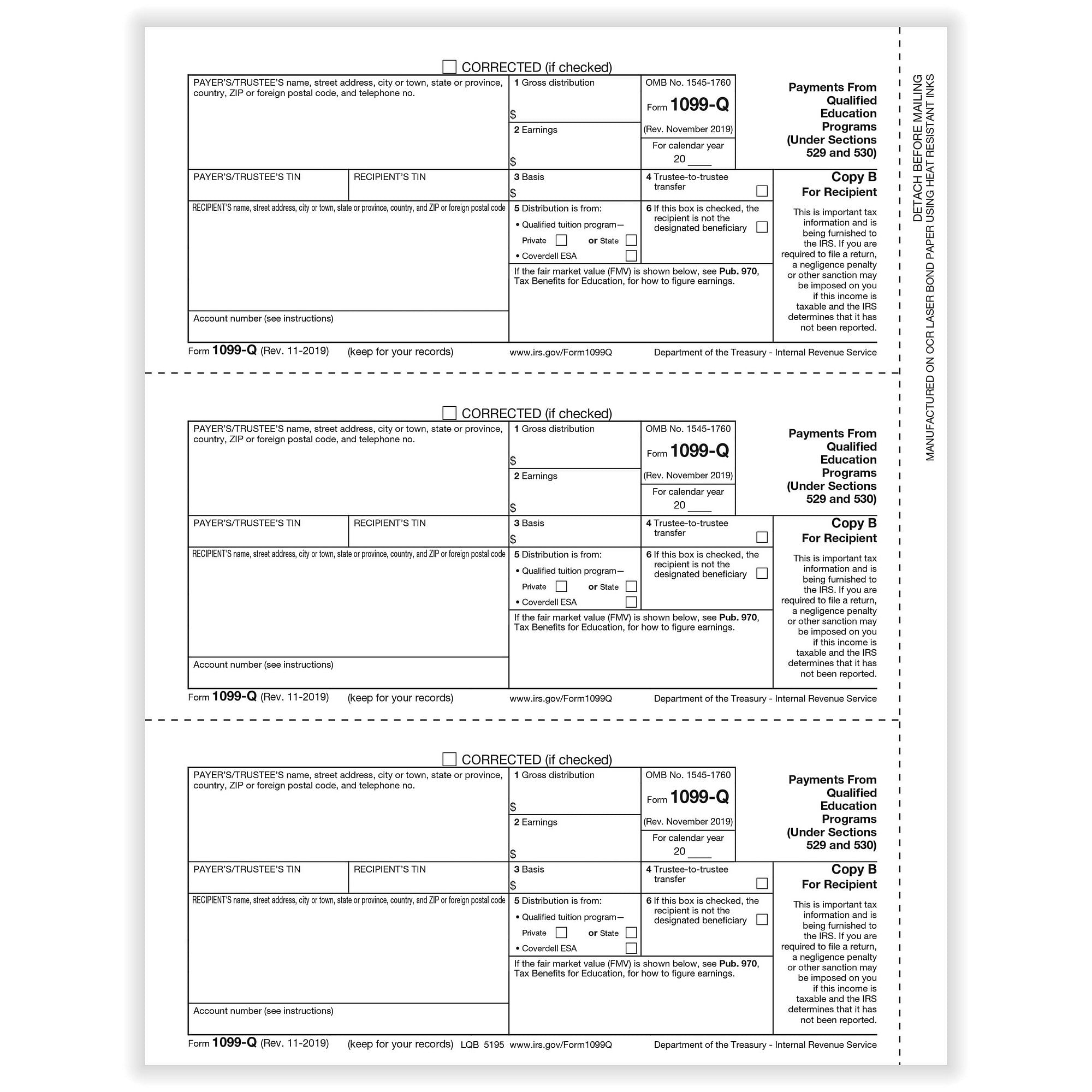 1099 Q Qualified Tuition Payments Rec Copy B Cut Sheet 500 Forms Pack