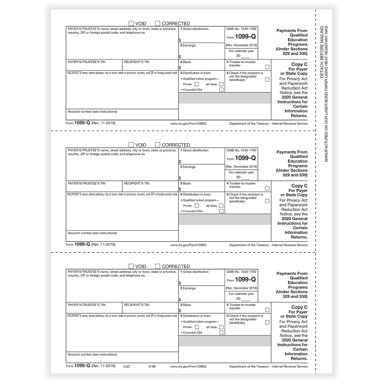 1099-Q Qualified Tuition Payments Payer or State Copy C Cut Sheet (100 ...