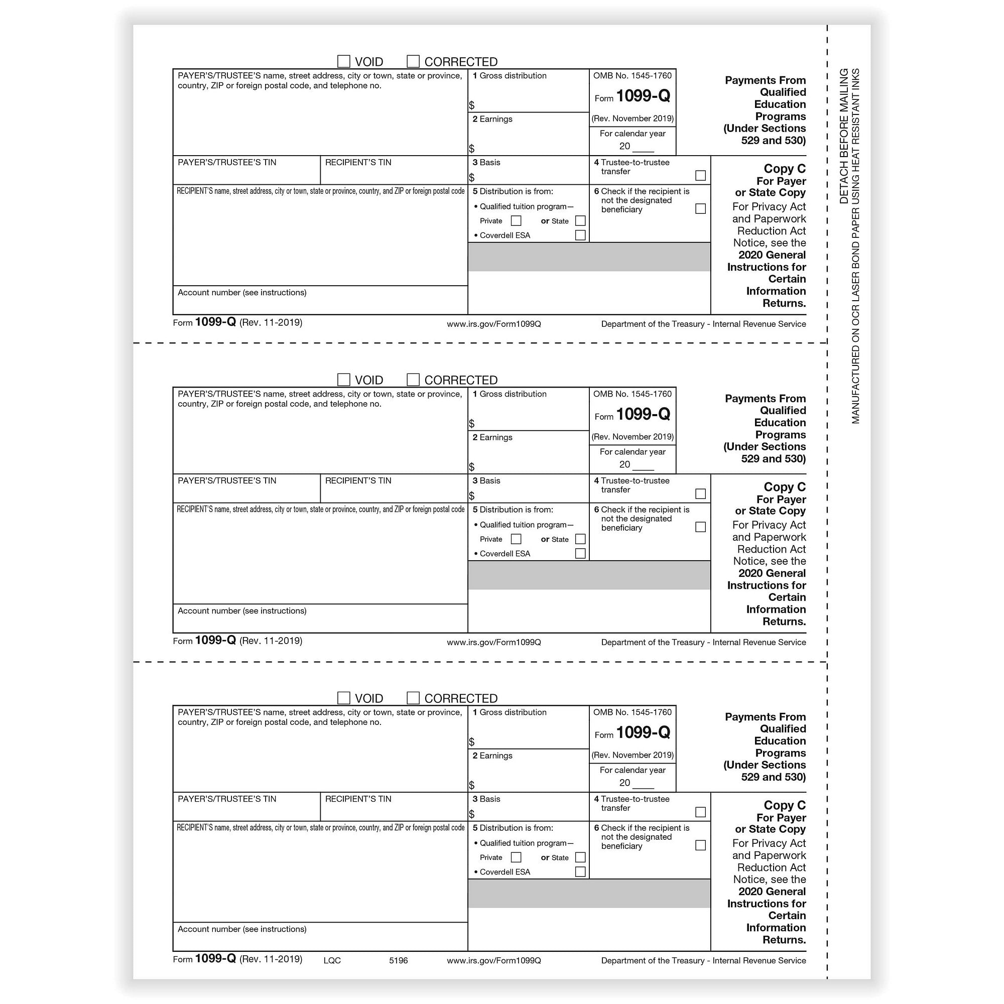 1099-Q Qualified Tuition Payments Payer or State Copy C Cut Sheet (500 ...