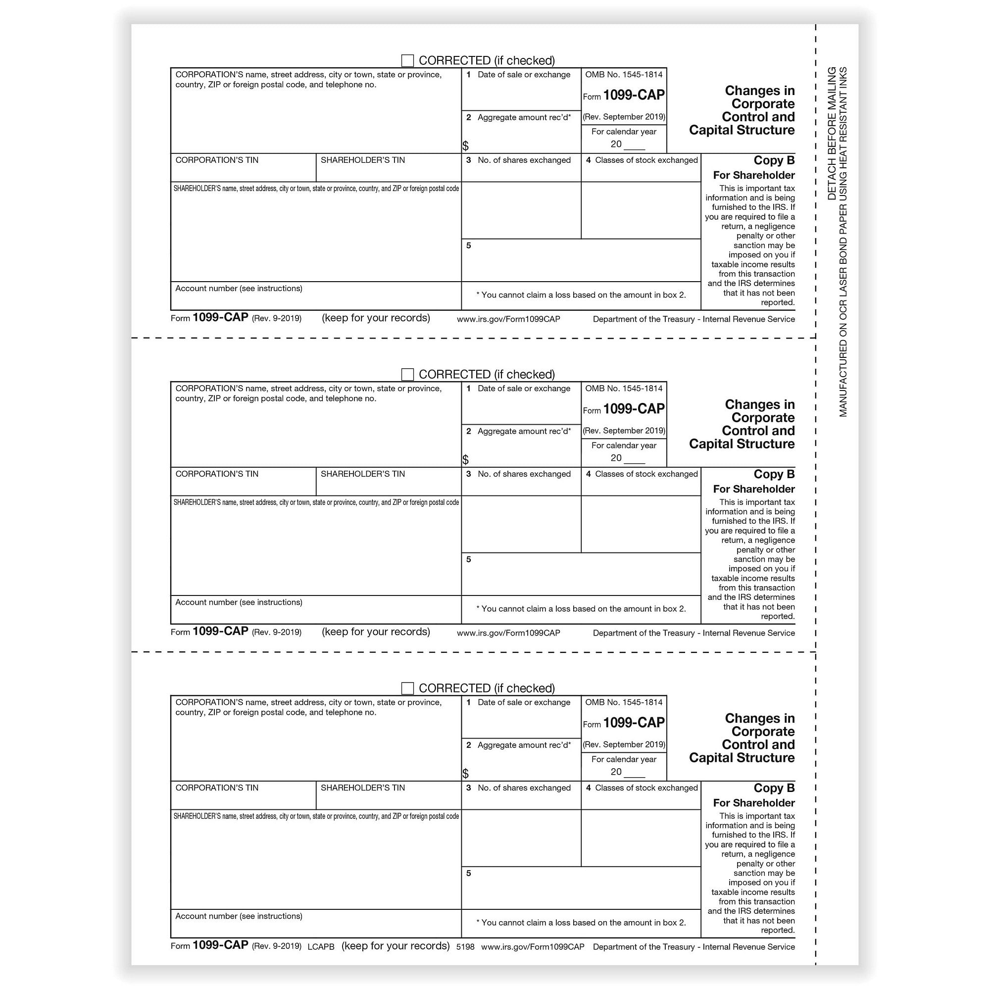 1099 Cap Changes In Corp Control Capital Structure Shareholder Copy B Cut Sheet 500 Forms Pack