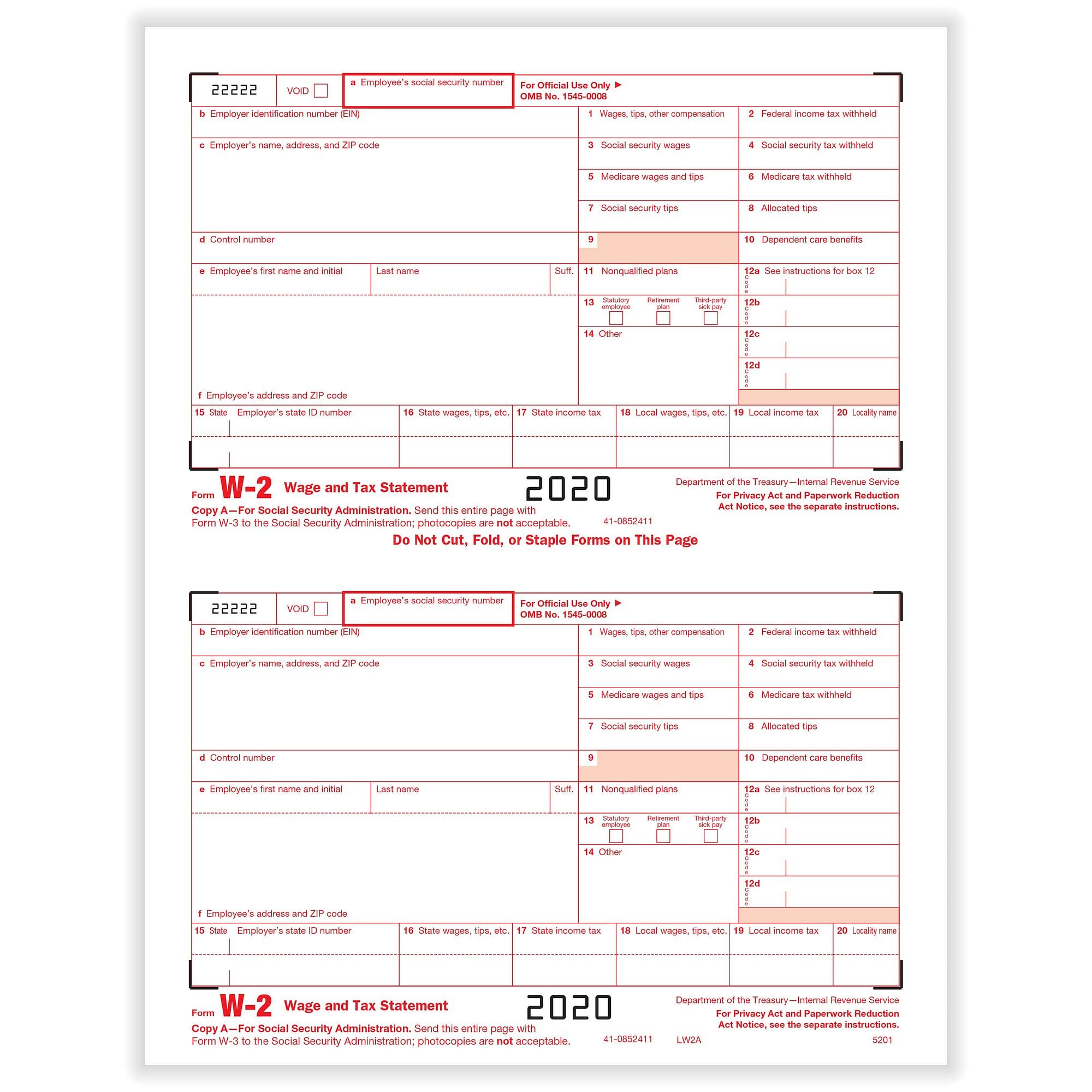 W-2 Fed IRS Copy A Cut Sheet (500 Forms/Pack)