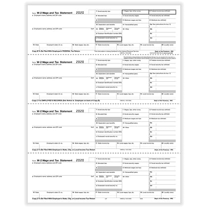 W-2 Employee 4-Up Horizontal Copy B,C,2,2 or Extra Copy Cut Sheet (500 ...