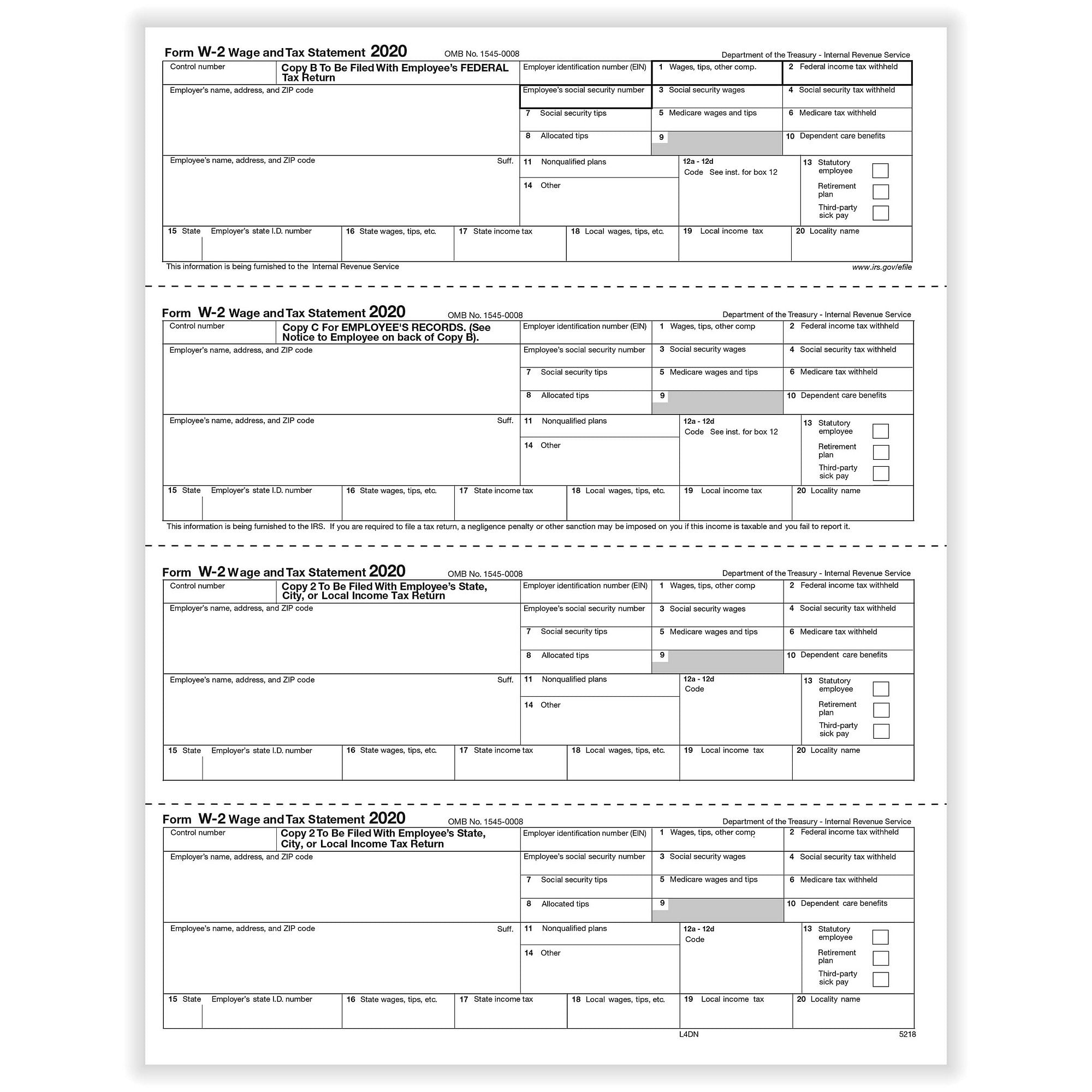 W 2 Employee 4 Up Horizontal Copy B C 2 2 Or Extra Copy Cut Sheet N Style 0 Forms Pack