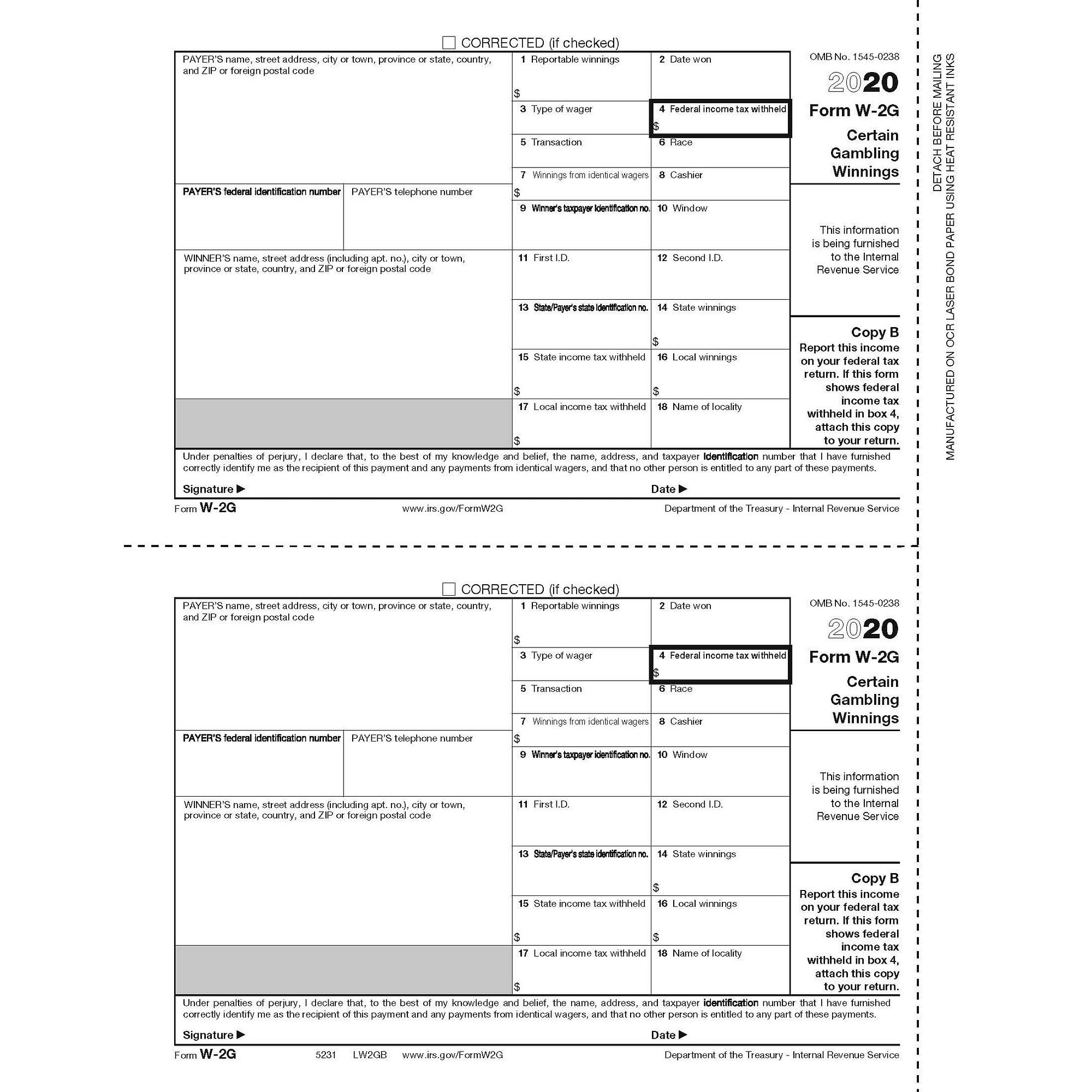 W-2G Winner Copy B Cut Sheet - 2020 (500 Forms/Pack)