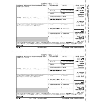 W-2G Winner Copy B Cut Sheet - 2020 (500 Forms/Pack)