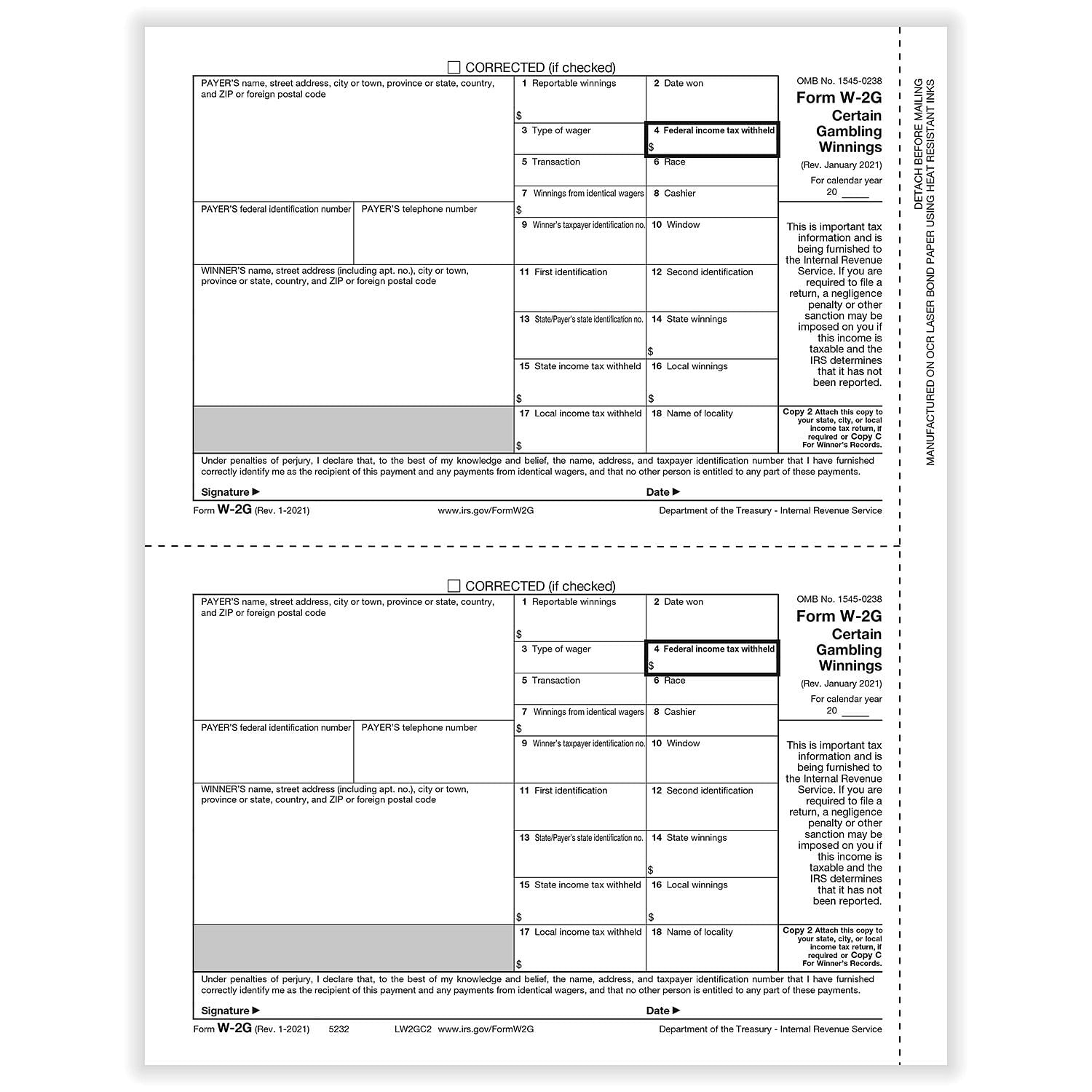 W-2G Winner Copy 2 or C Cut Sheet - 2022 (100 Sheets/Pack)