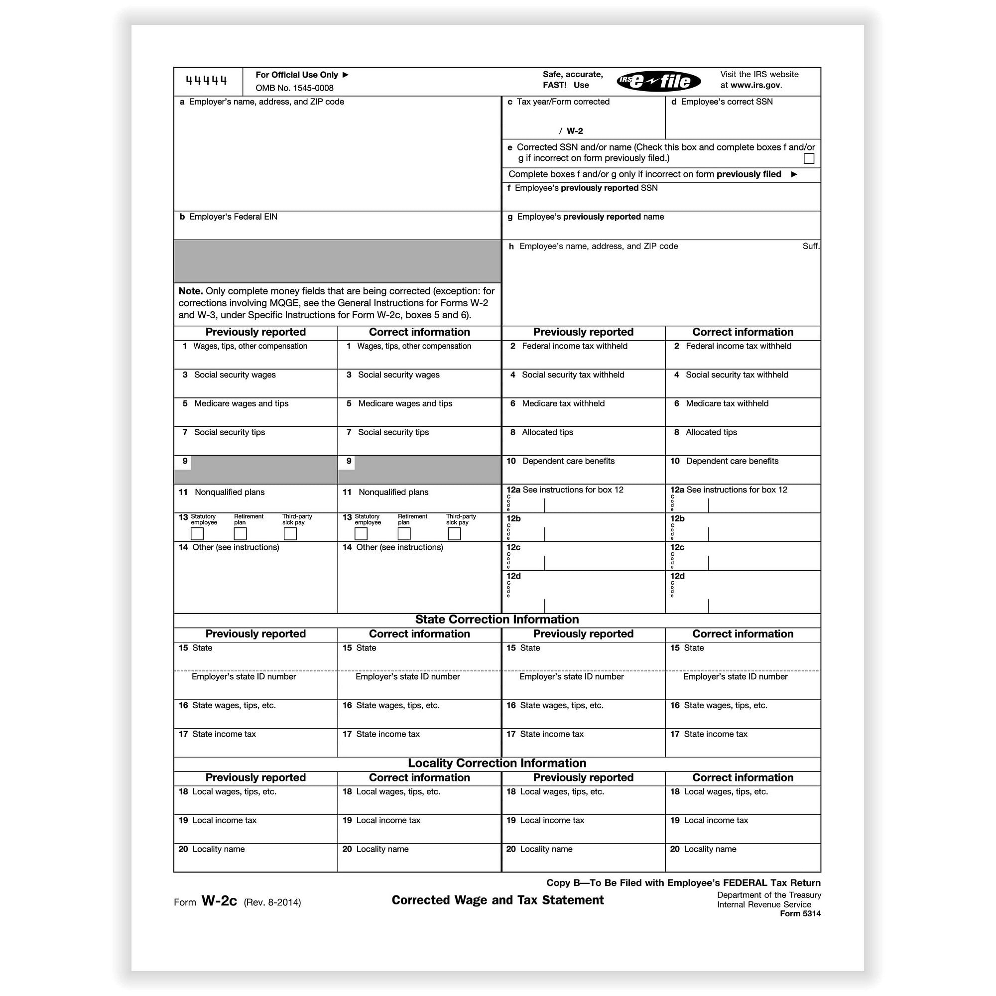 W 2c Statement Of Corrected Income Employee Copy B Cut Sheet 0 Forms Pack