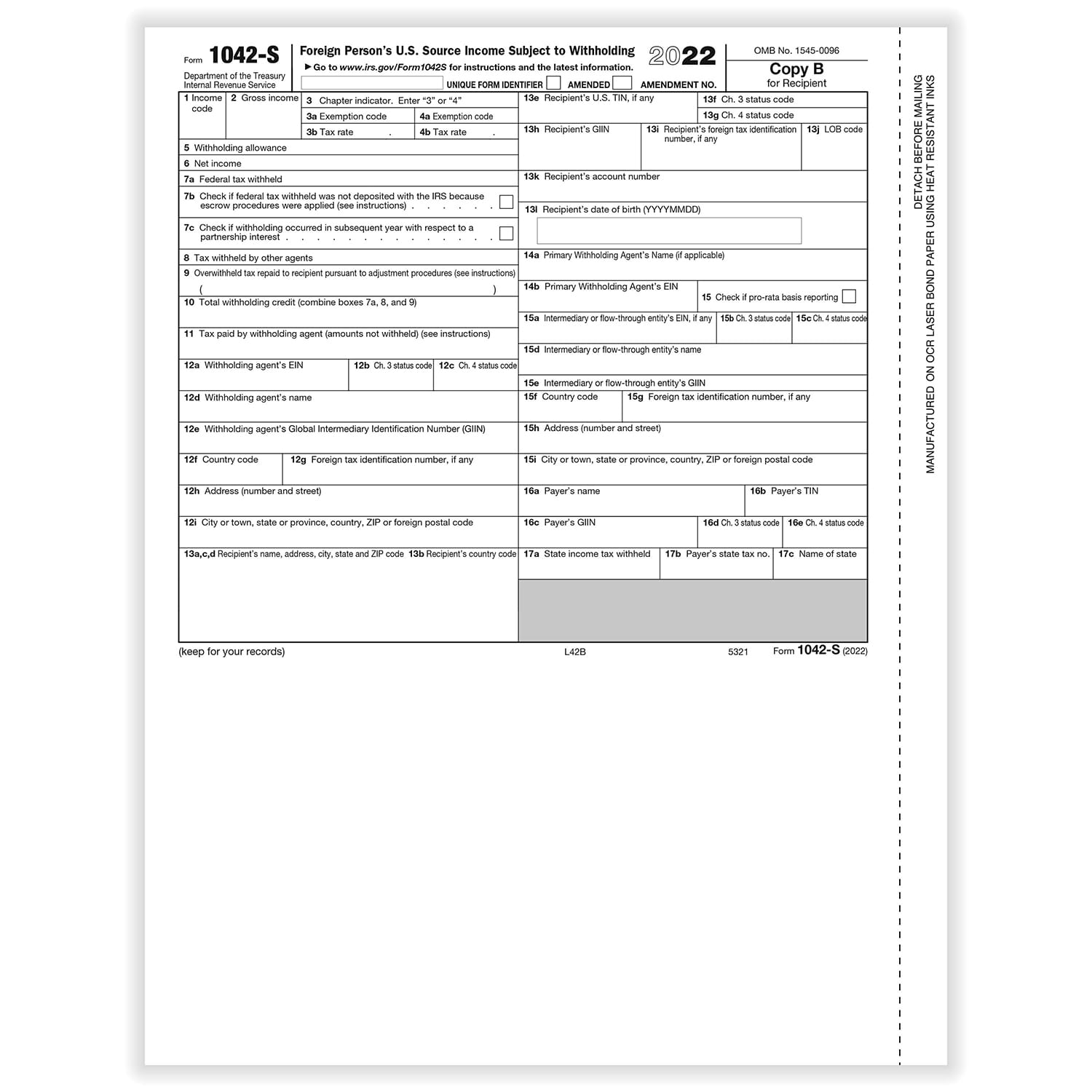 1042S Foreign Person's U. S. Source Withholding Laser Rec Copy B Cut Sheet  Dated 2022 (100 Sheets/Pack)