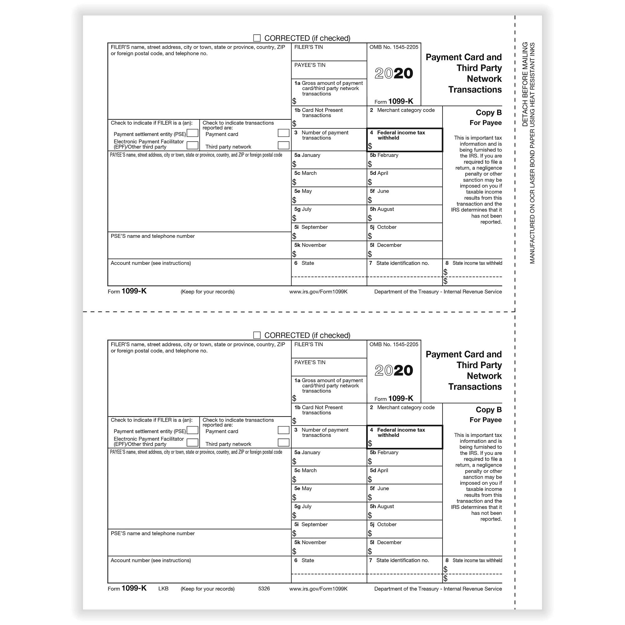 1099-K Merchant Card Payee Copy B (1,000 Forms/Ctn)