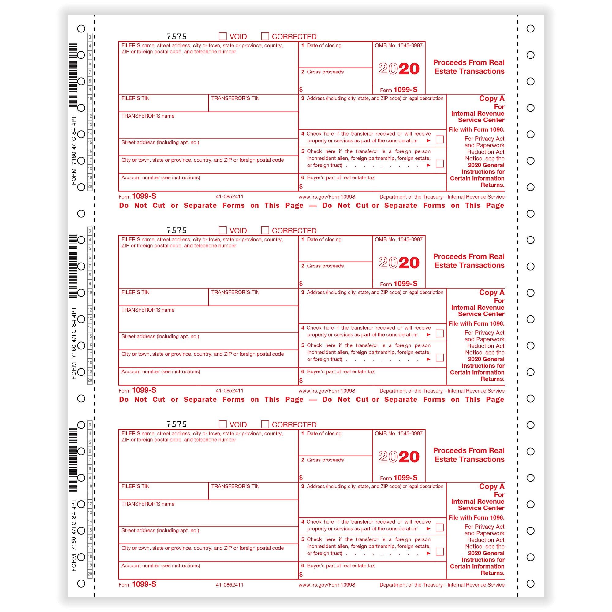 1099 S Real Estate Transaction 4 Part 1 Wide Carbonless 0 Forms Pack