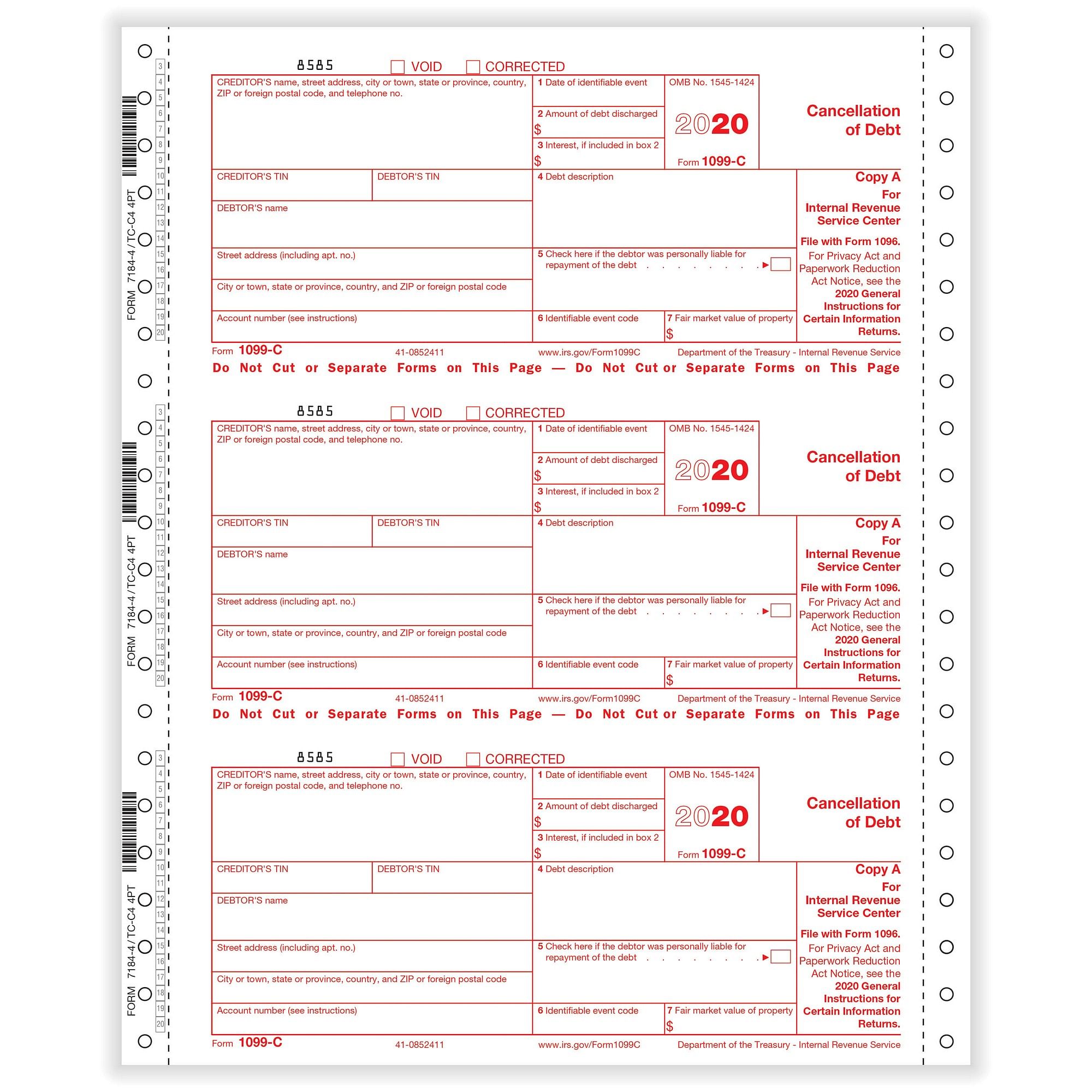 1099 C Cancellation Of Debt 4 Part 1 Wide Carbonless 0 Forms Pack