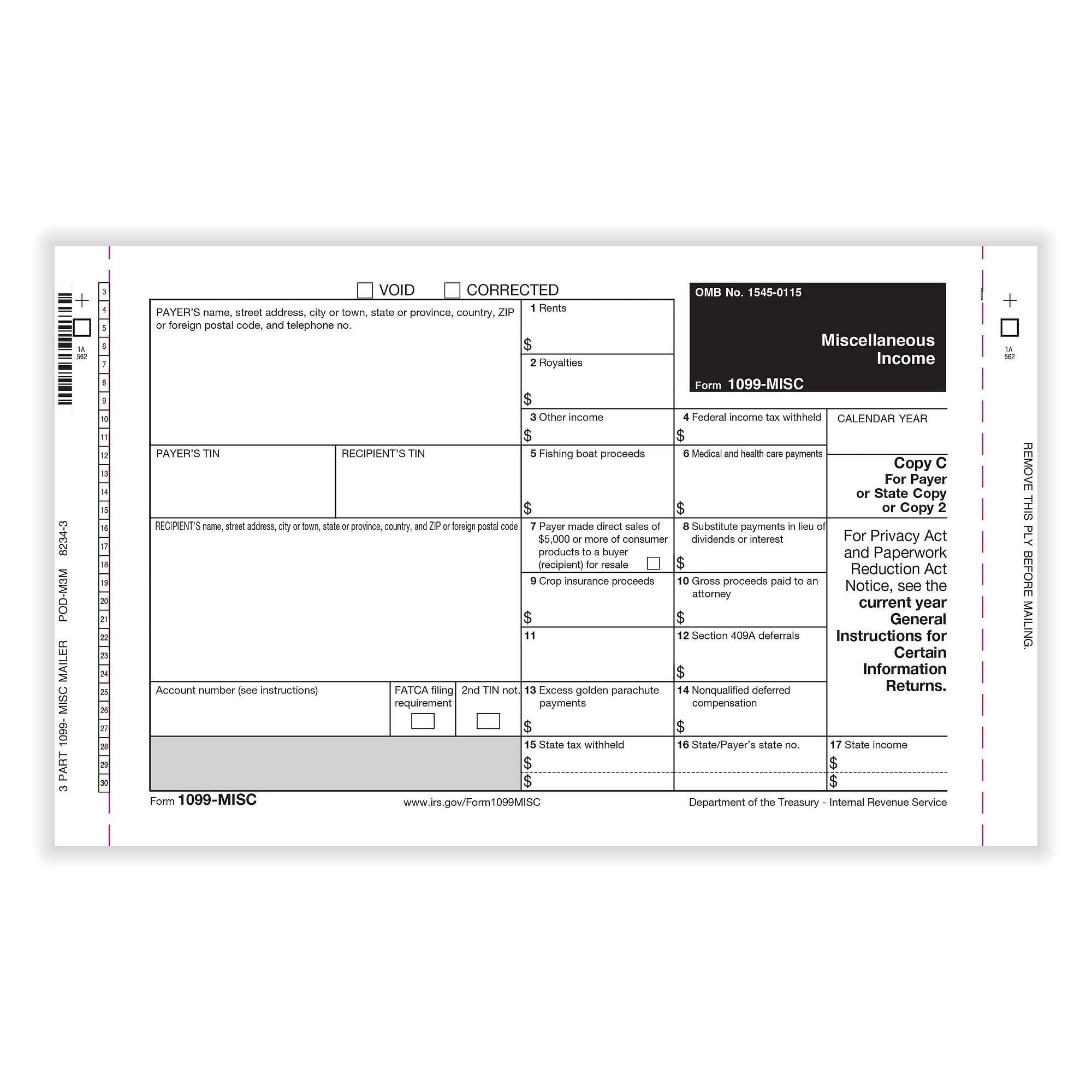 1099-MISC Miscellaneous 3-part 1-wide Mailer Electronic Filing Dateless ...