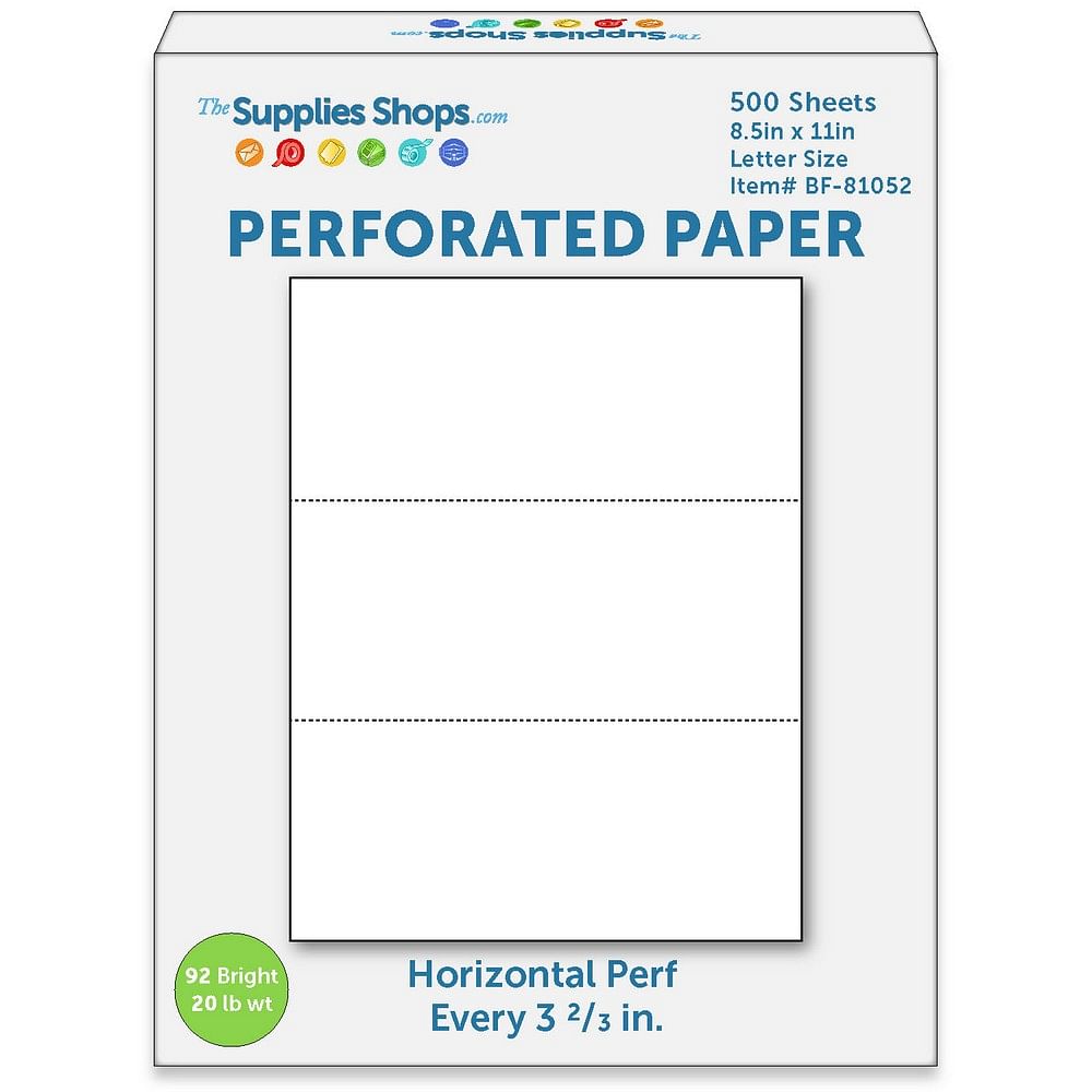 Perforated Paper, Perforations Every 3 2/3 inch, Horizontal on White 20#Letter Size Copy Paper (Ream of 500)