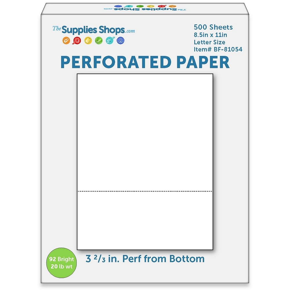 Perforated Paper, 3 2/3 from Bottom, Horizontal on White 20#Letter Size Copy Paper (Ream of 500)