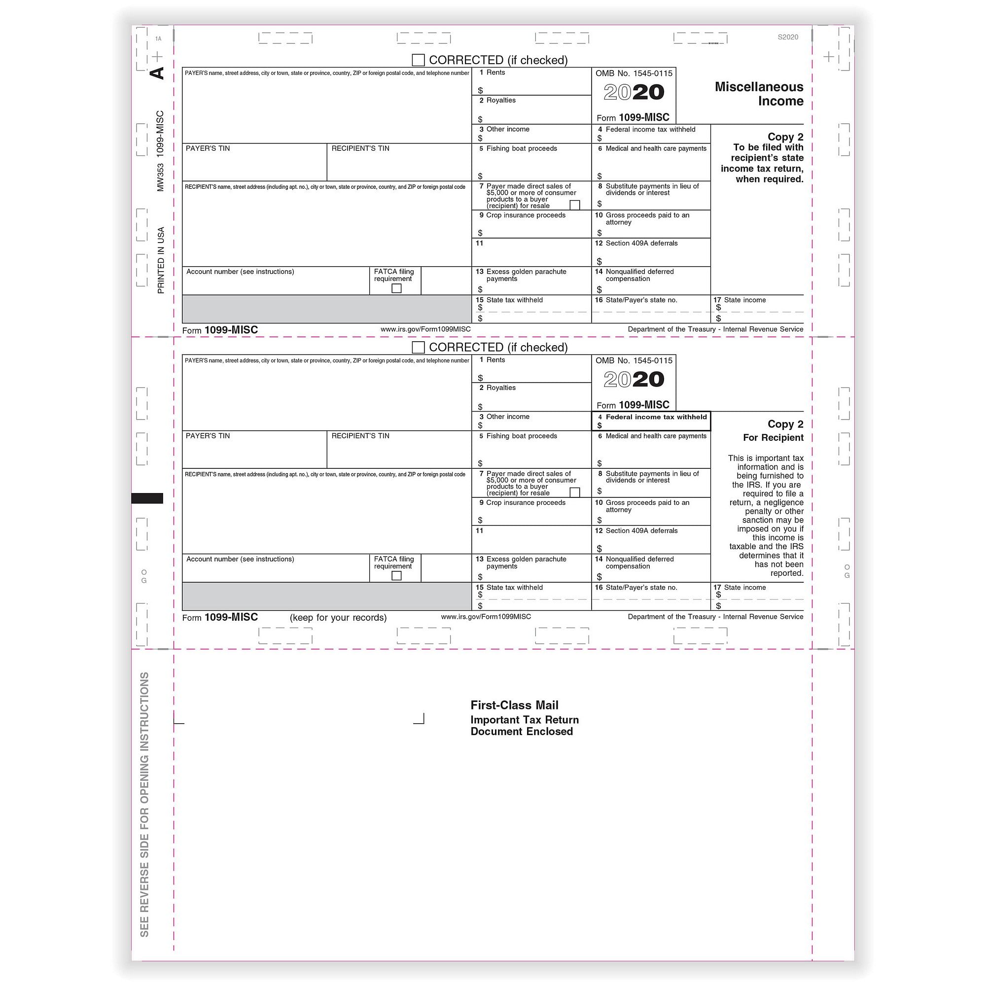 1099 Misc Miscellaneous 2 Up Horizontal Copy B 2 11 Z Fold 500 Forms Ctn