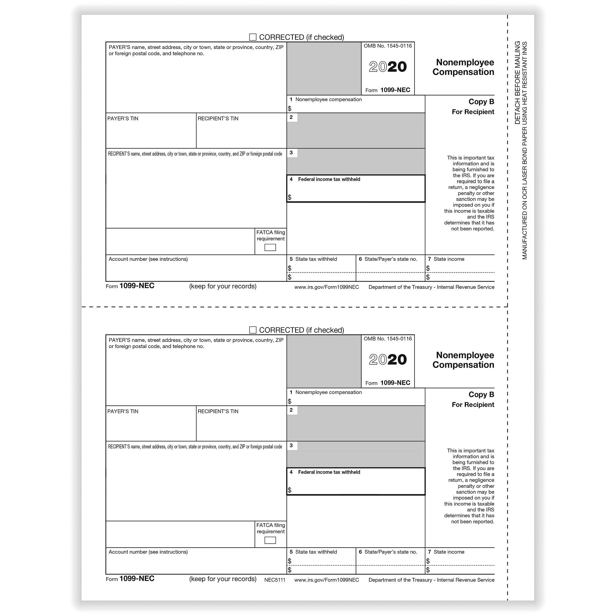 1099 Nec Non Employee Compensation Rec Copy B Cut Sheet 400 Forms Pack