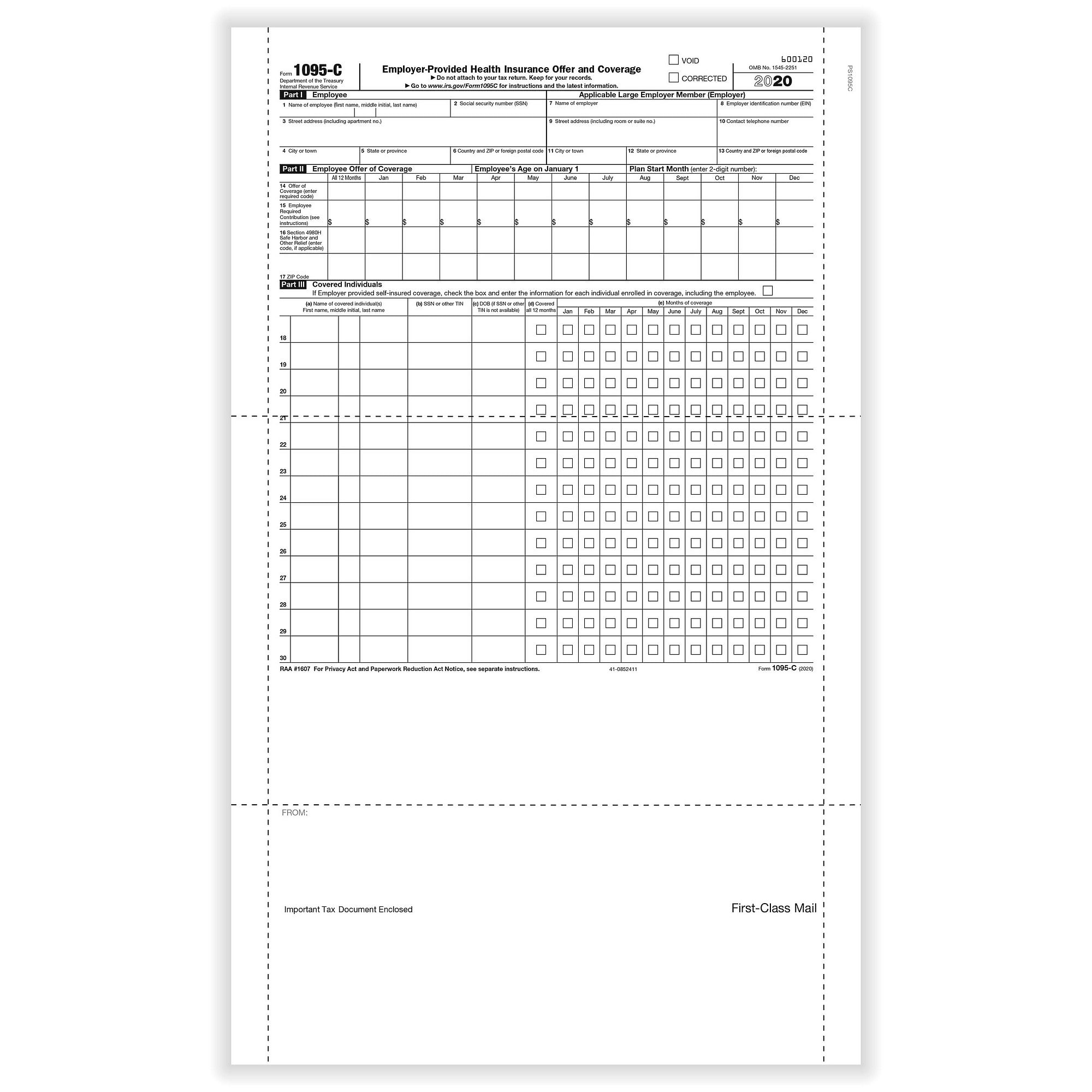 1095 C Employer Provided Health Insurance Offer And Coverage Form 14 Pressure Seal Ez Fold 500 Forms Carton